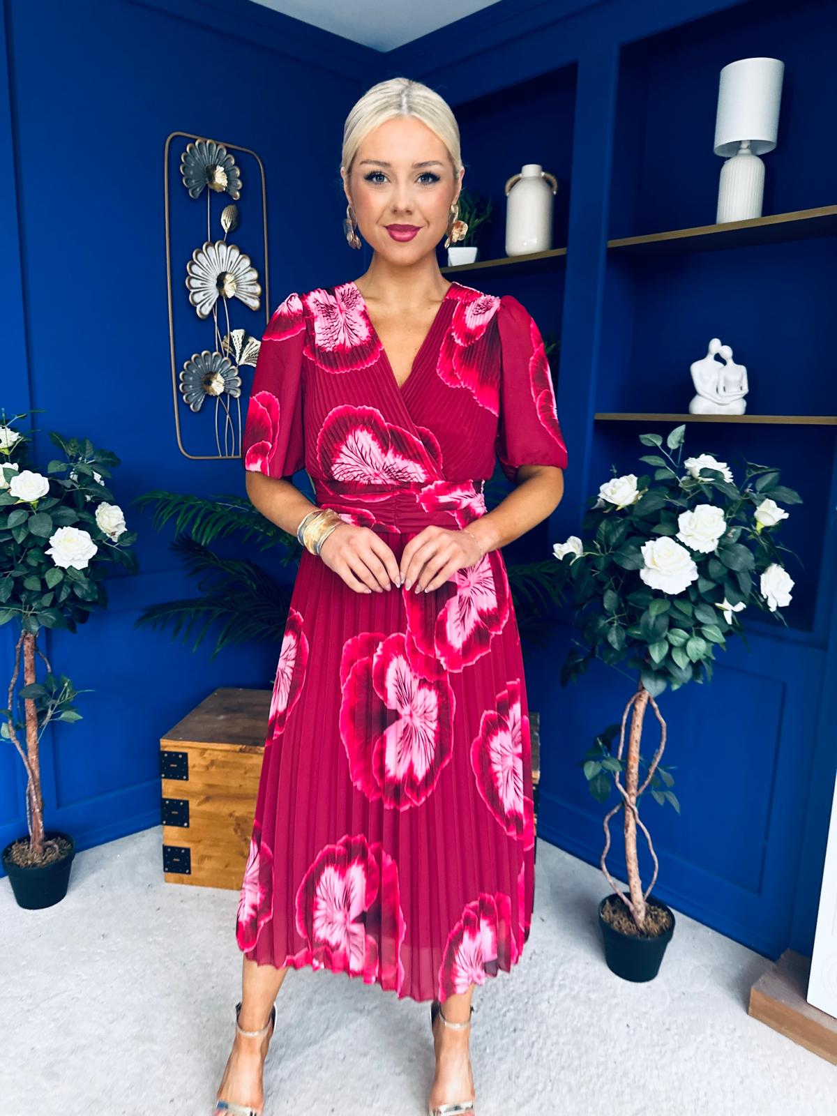 Daire Pleated Midi Dress Floral Ruby