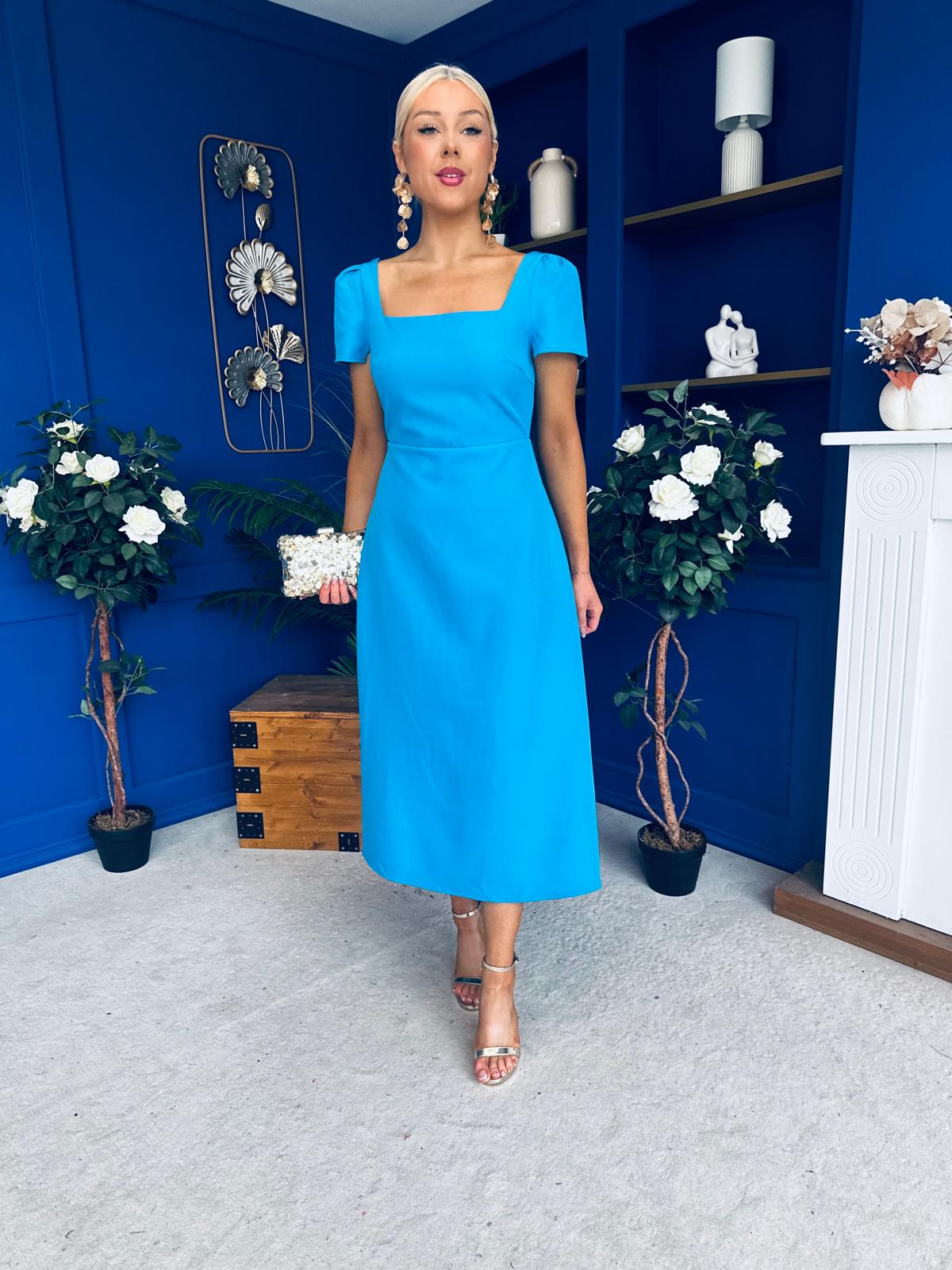Valentina Square Neck Midi Dress Blue