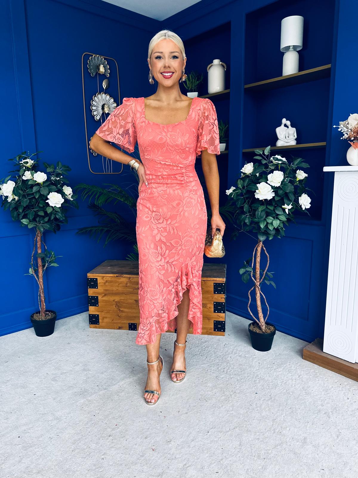 Heidi Lace Detail Ruched Midi Dress Coral