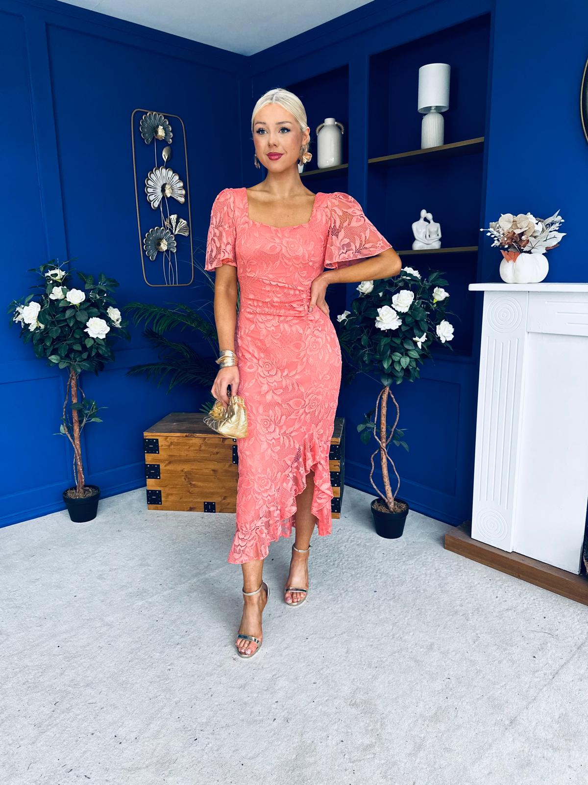 Heidi Lace Detail Ruched Midi Dress Coral