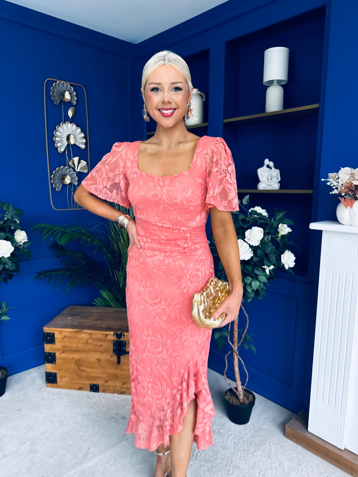 Heidi Lace Detail Ruched Midi Dress Coral