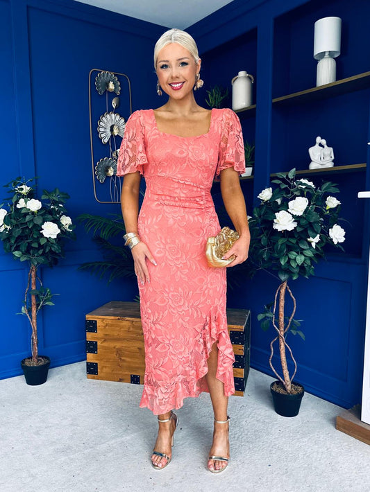 Heidi Lace Detail Ruched Midi Dress Coral