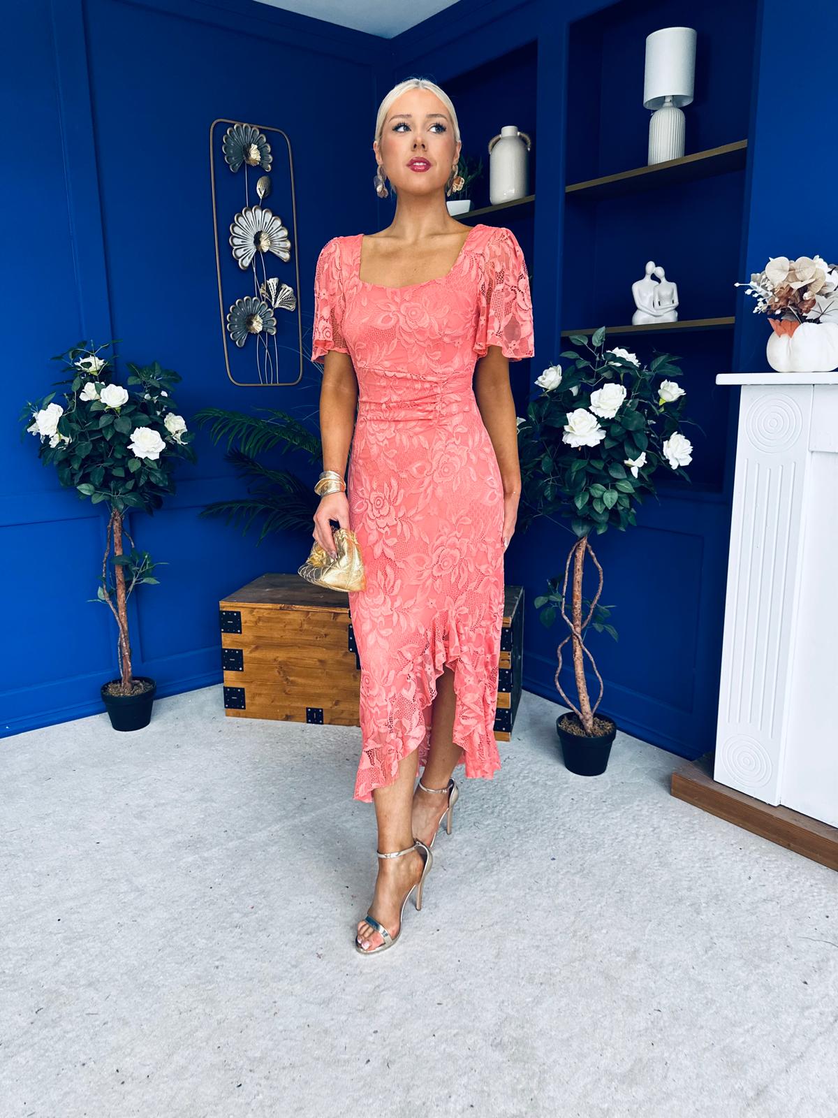 Heidi Lace Detail Ruched Midi Dress Coral