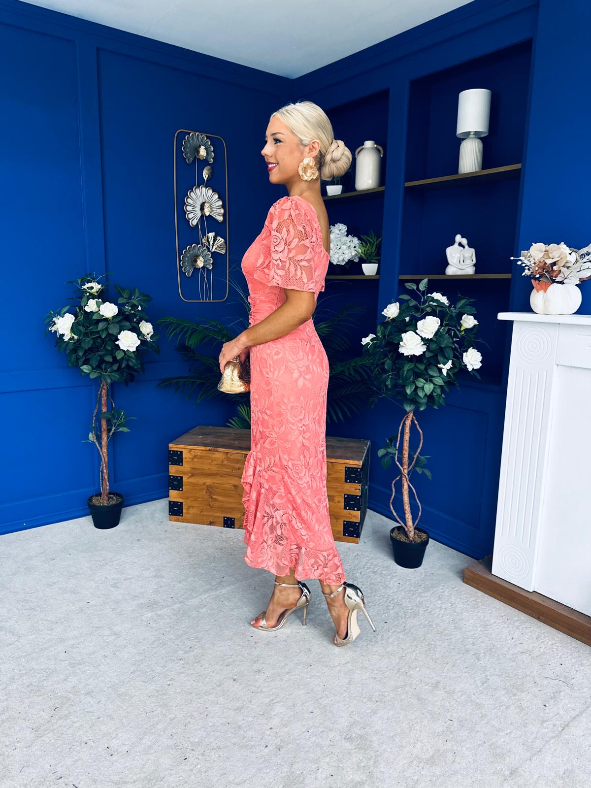 Heidi Lace Detail Ruched Midi Dress Coral