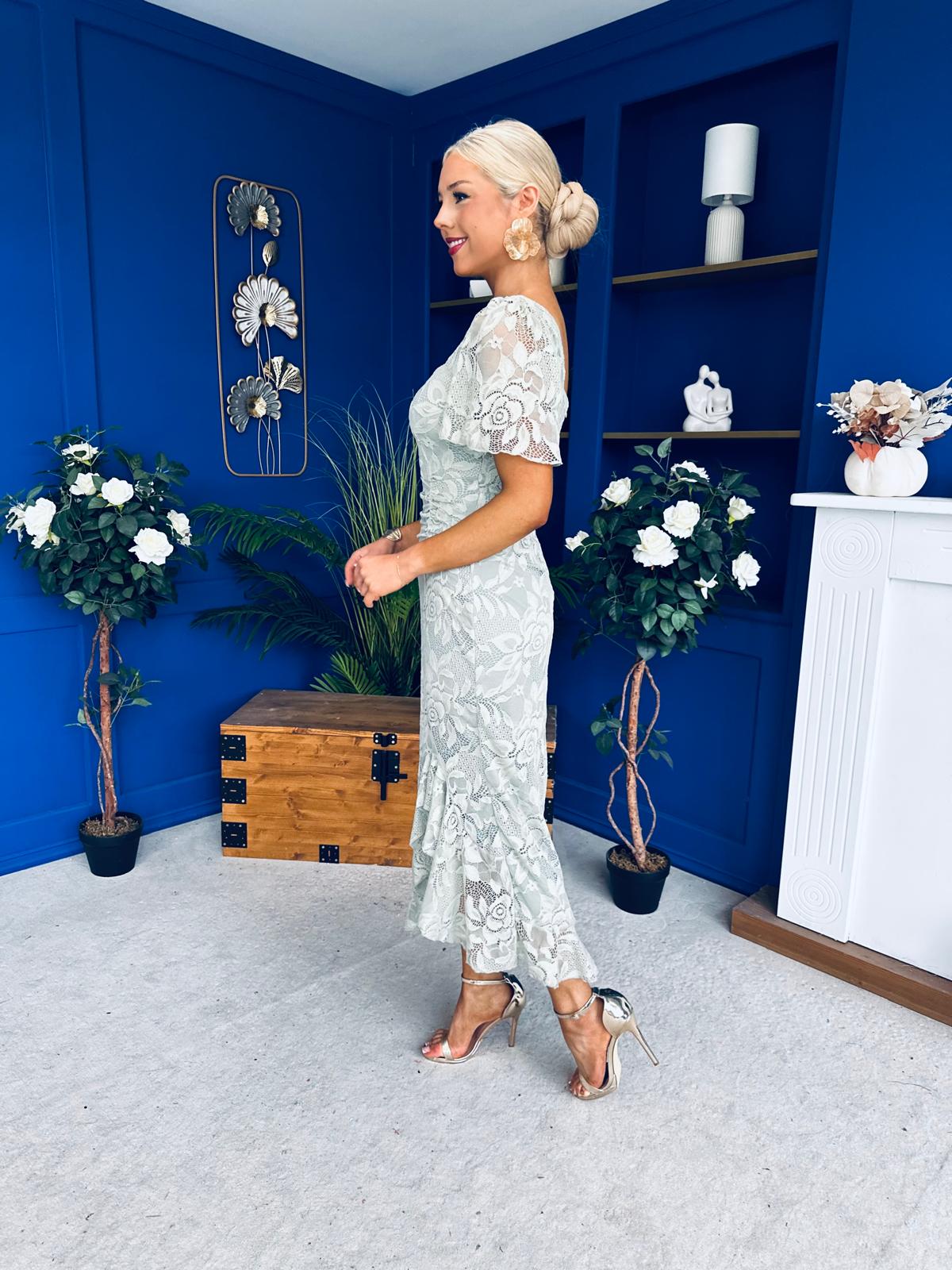 Heidi Lace Detail Ruched Midi Dress Sage