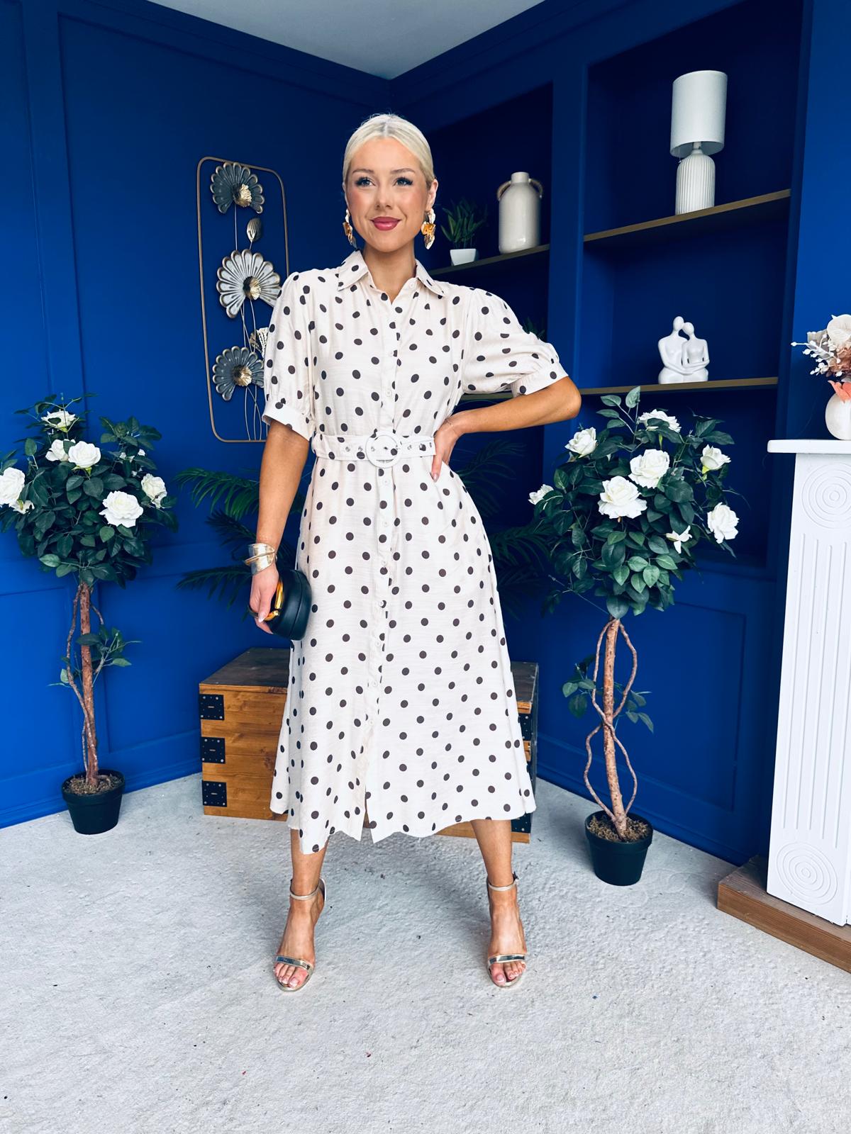 Anna Belted Shirt Dress Polka Cream