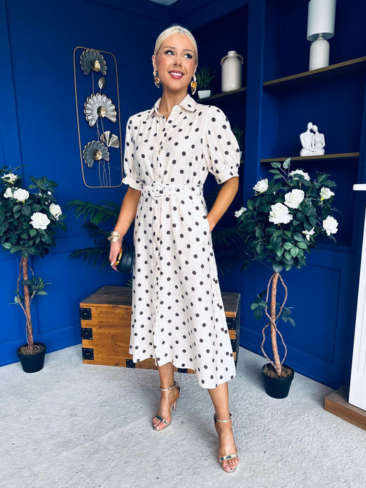 Anna Belted Shirt Dress Polka Cream
