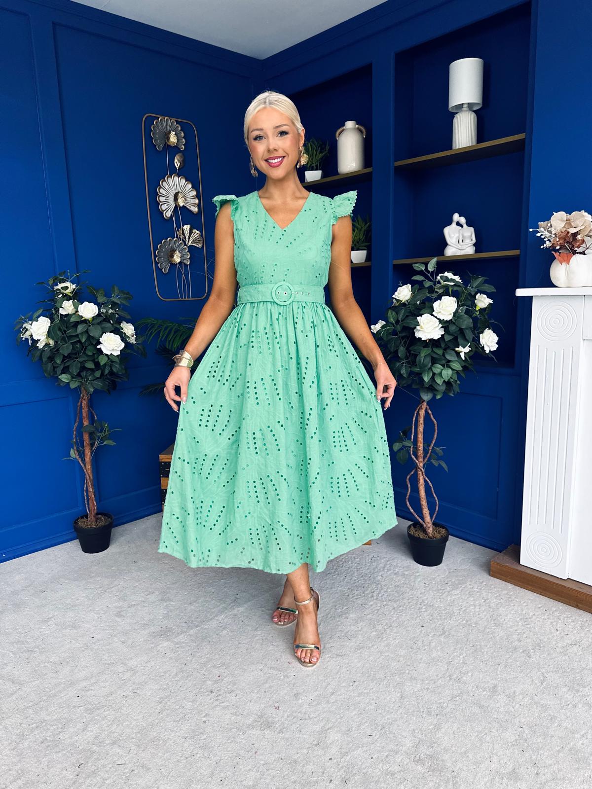 Jodie Crochet Detail Occasion Dress Green