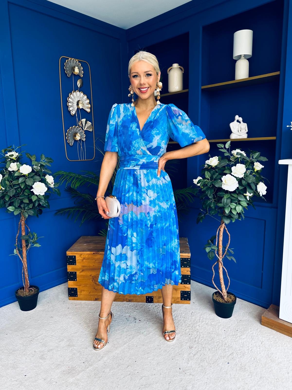 Daire Pleated Midi Dress Floral Blue