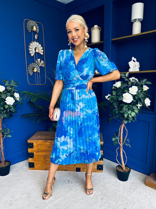 Daire Pleated Midi Dress Floral Blue