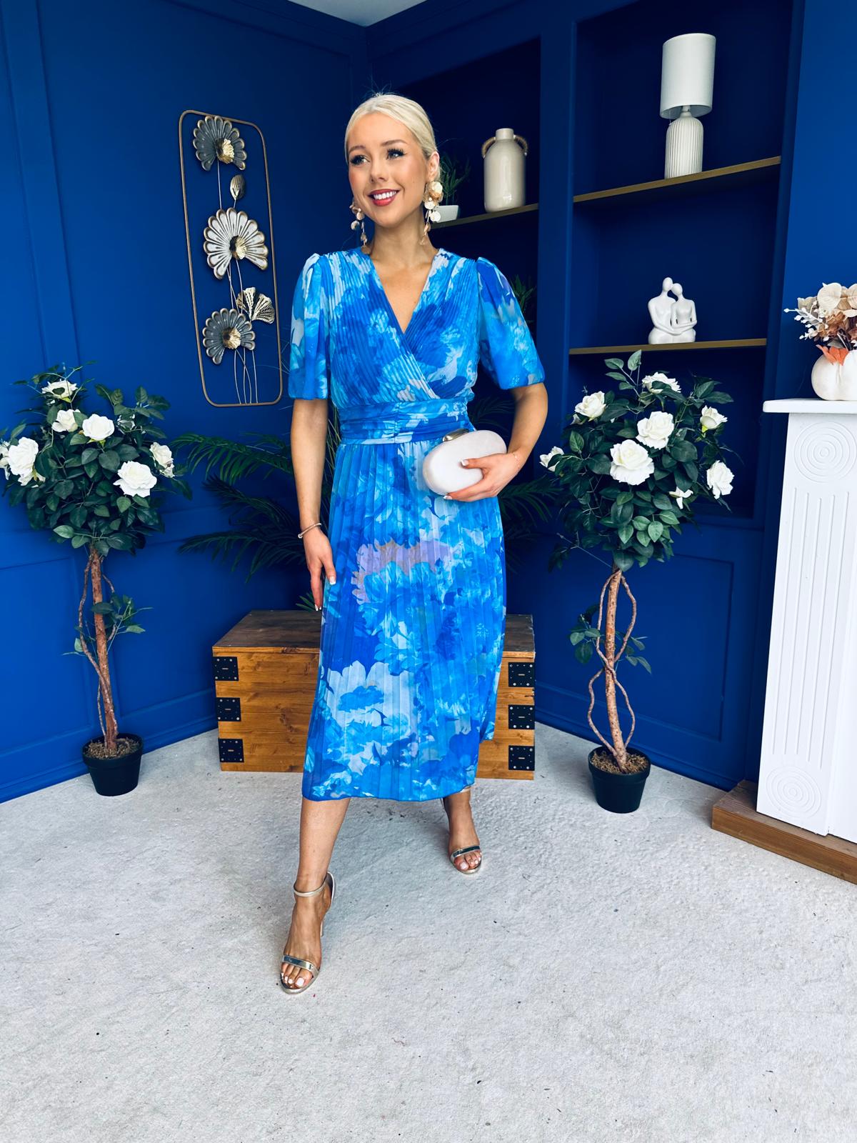 Daire Pleated Midi Dress Floral Blue