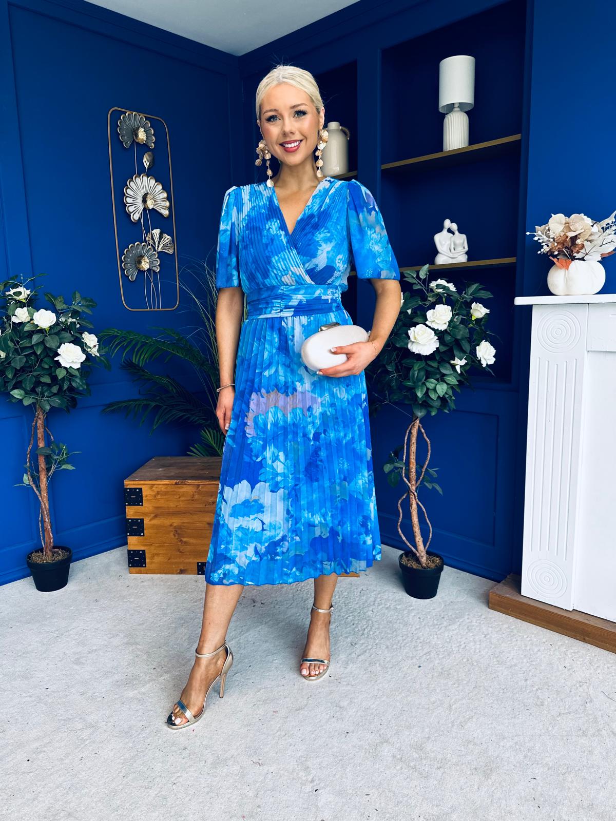 Daire Pleated Midi Dress Floral Blue