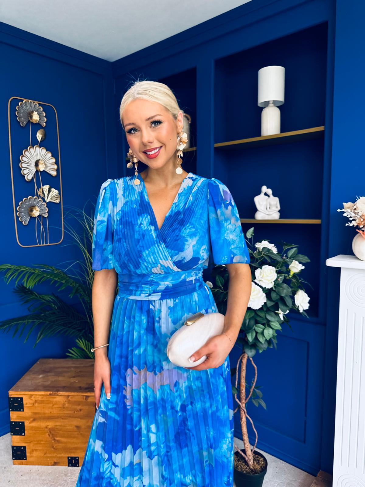 Daire Pleated Midi Dress Floral Blue