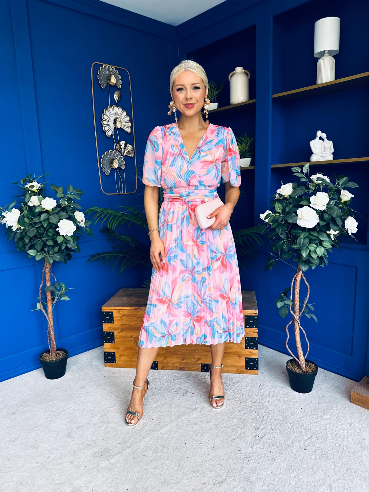 Daire Pleated Midi Dress Floral Pink