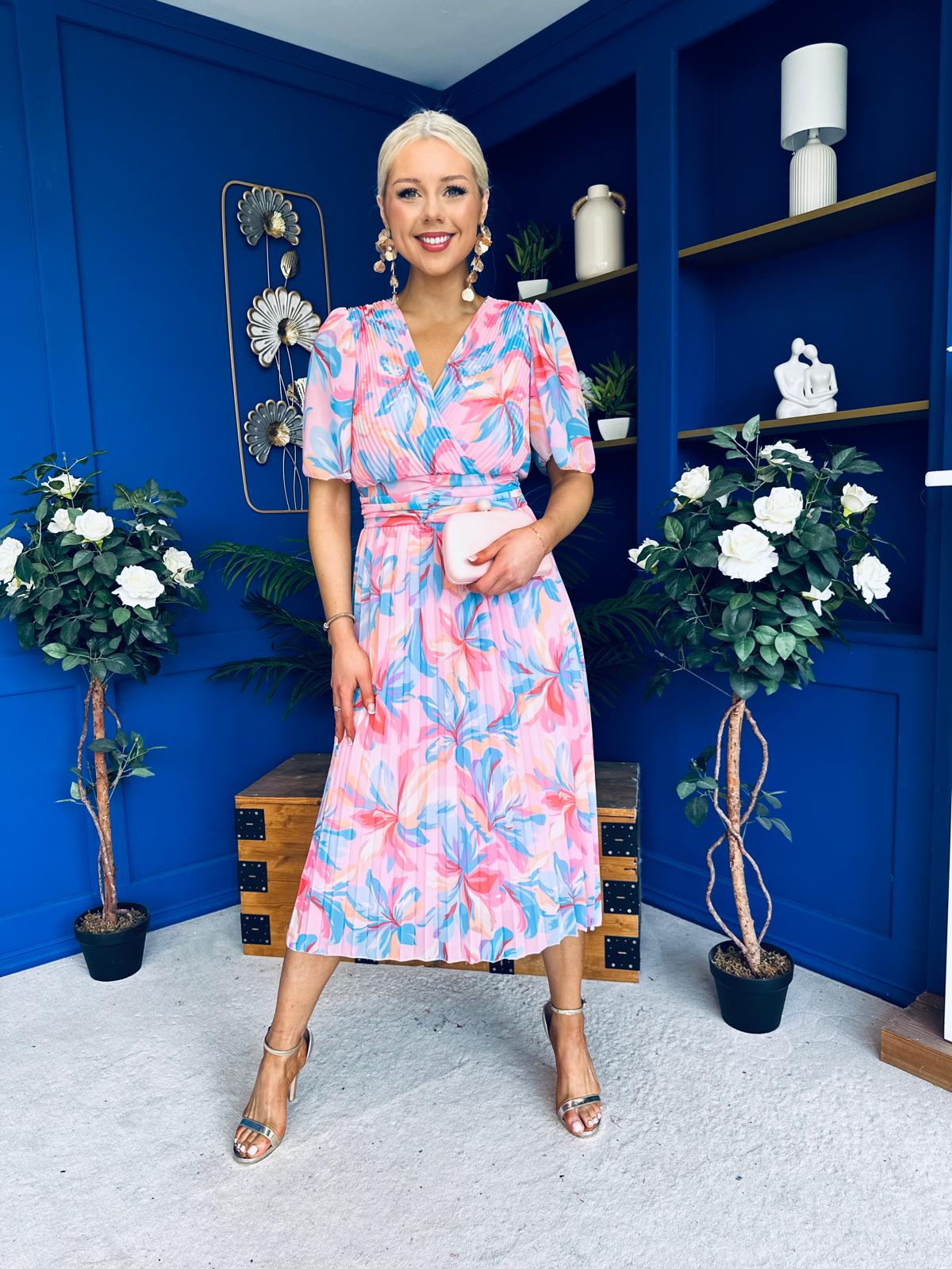 Daire Pleated Midi Dress Floral Pink