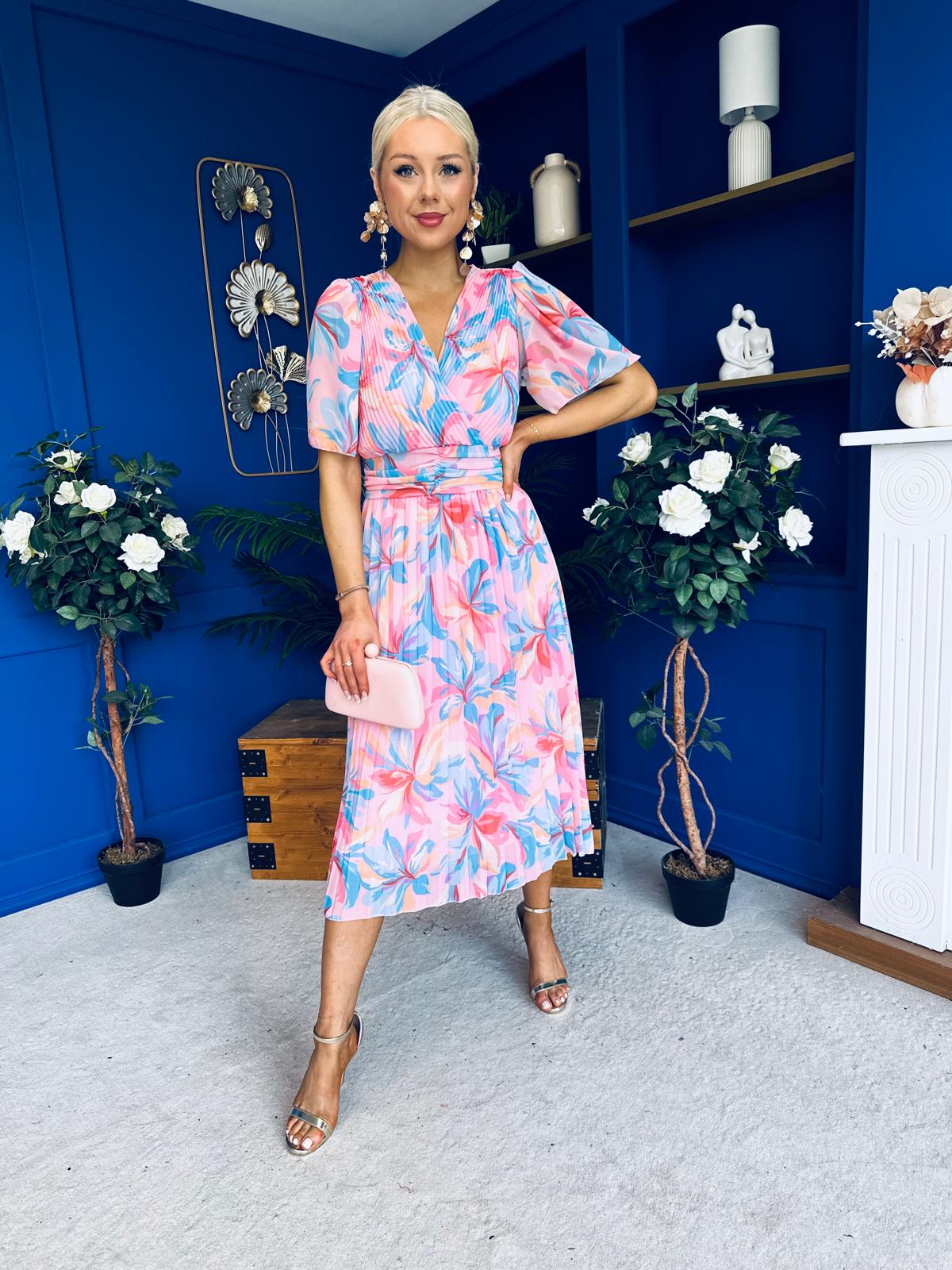 Daire Pleated Midi Dress Floral Pink