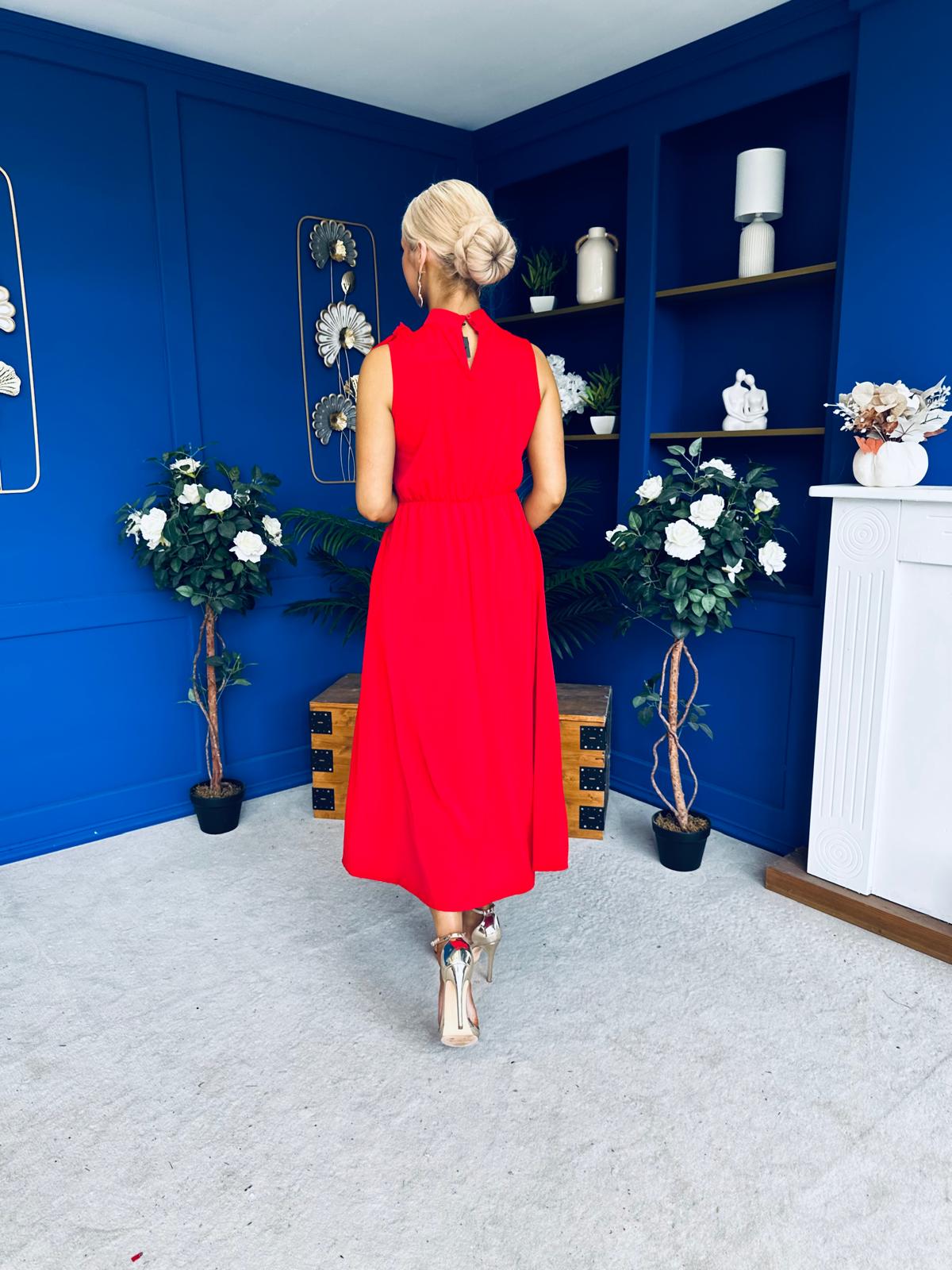 strapless open back dress Joanna High Neck Bow Detail Midi Dress Red – Canella Lane