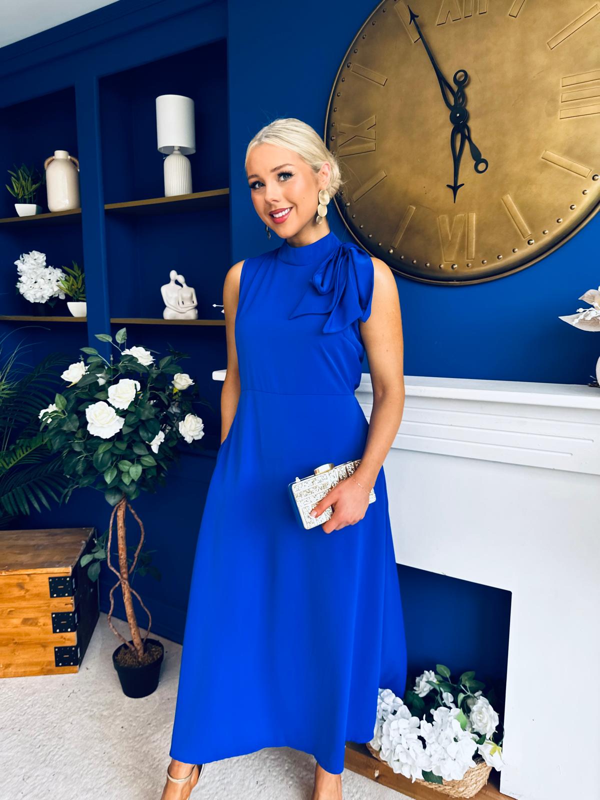 Joanna High Neck Bow Detail Midi Dress Cobalt