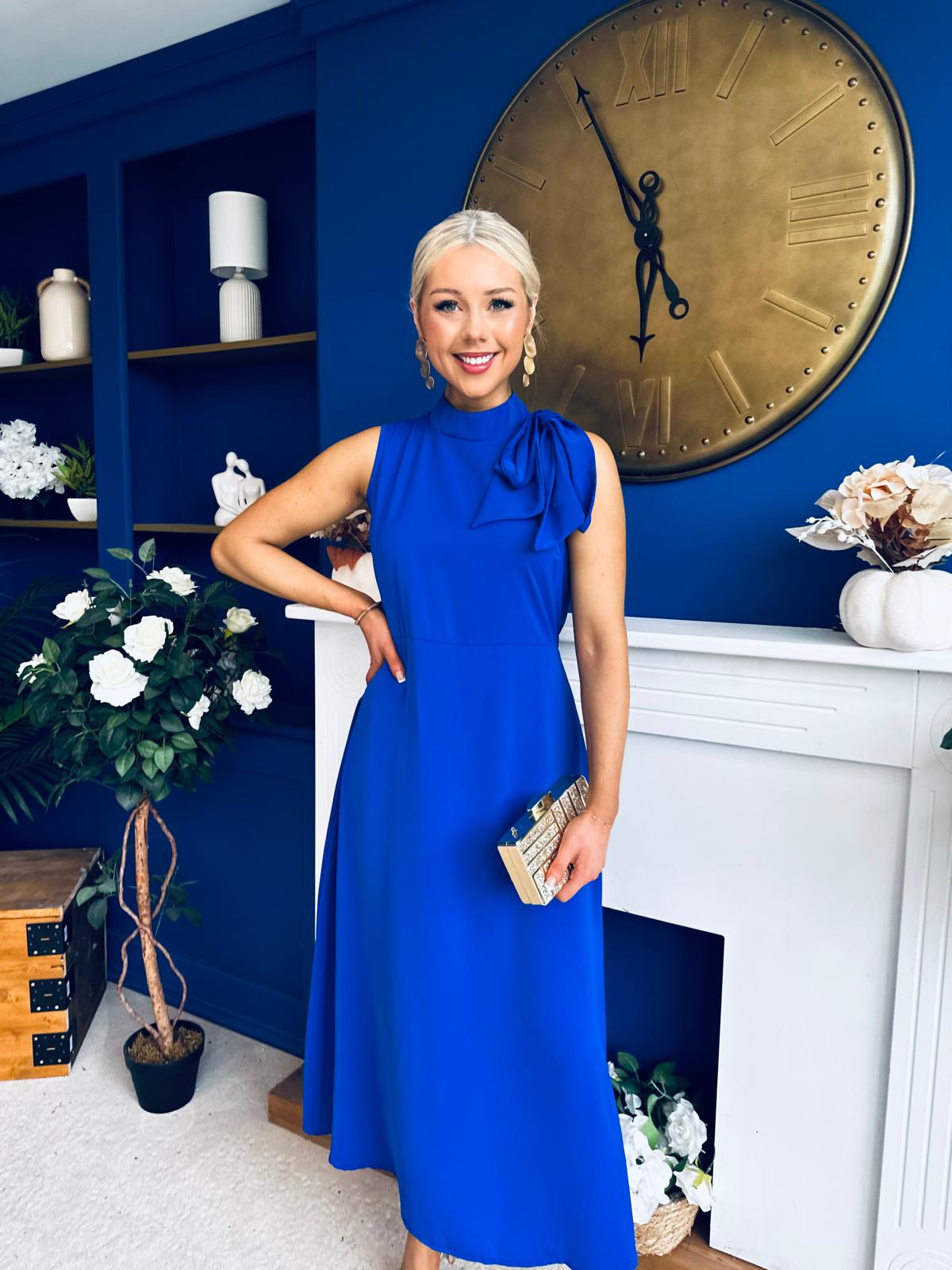 Joanna High Neck Bow Detail Midi Dress Cobalt