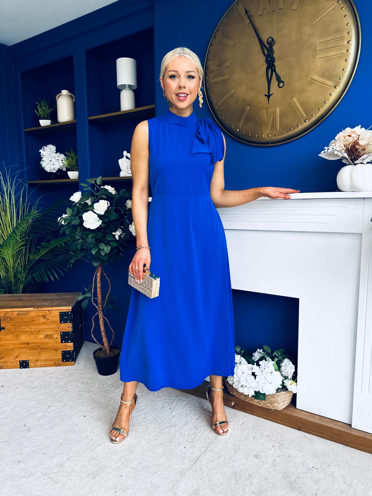 Joanna High Neck Bow Detail Midi Dress Cobalt