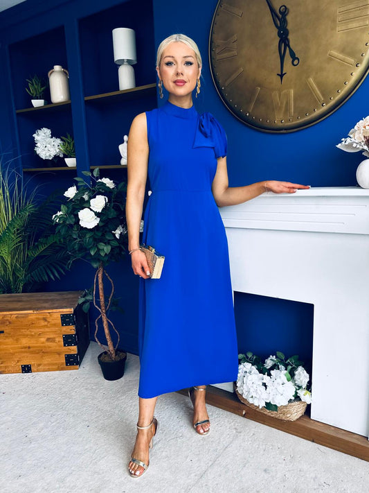 Joanna High Neck Bow Detail Midi Dress Cobalt