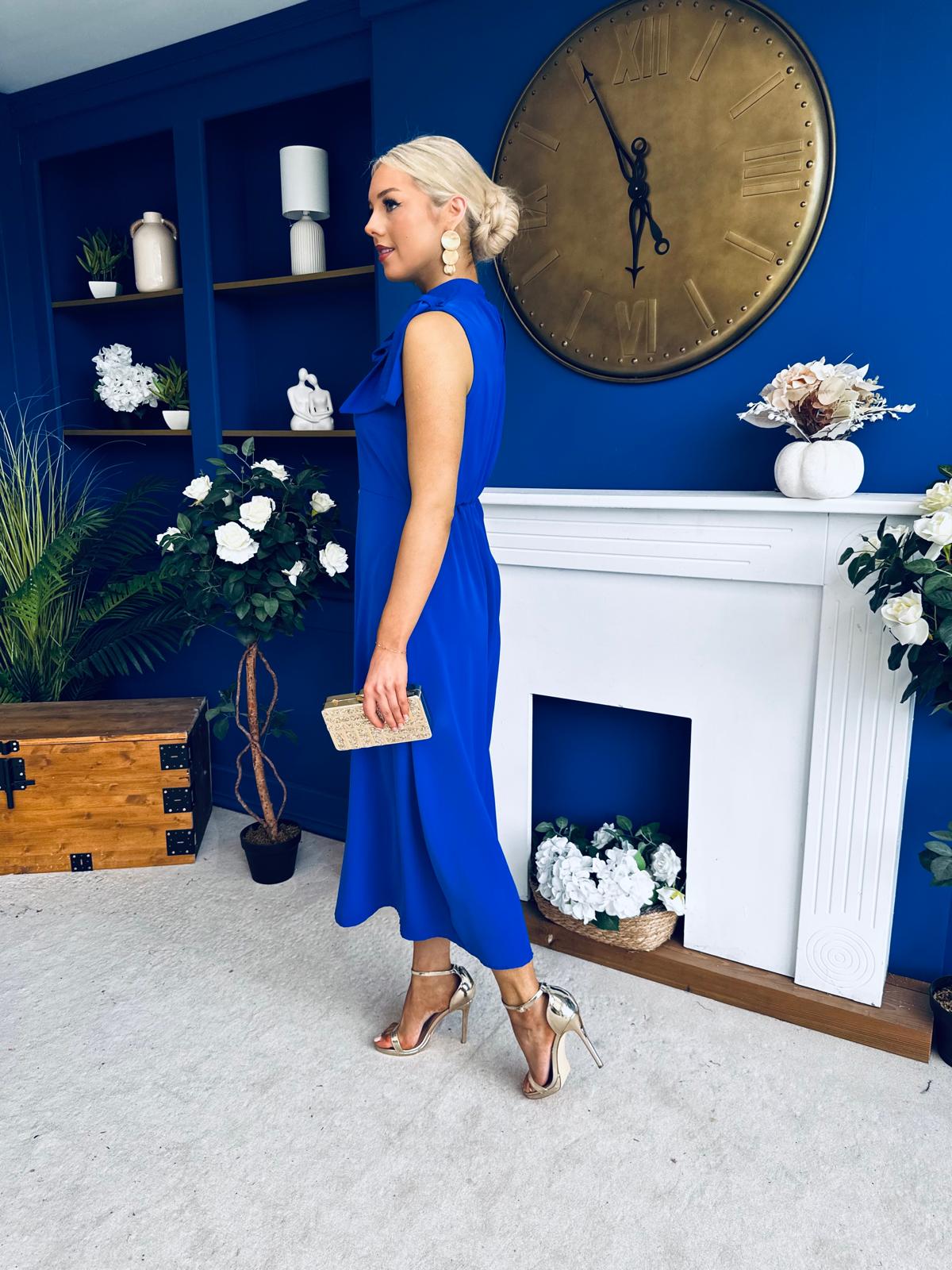Joanna High Neck Bow Detail Midi Dress Cobalt