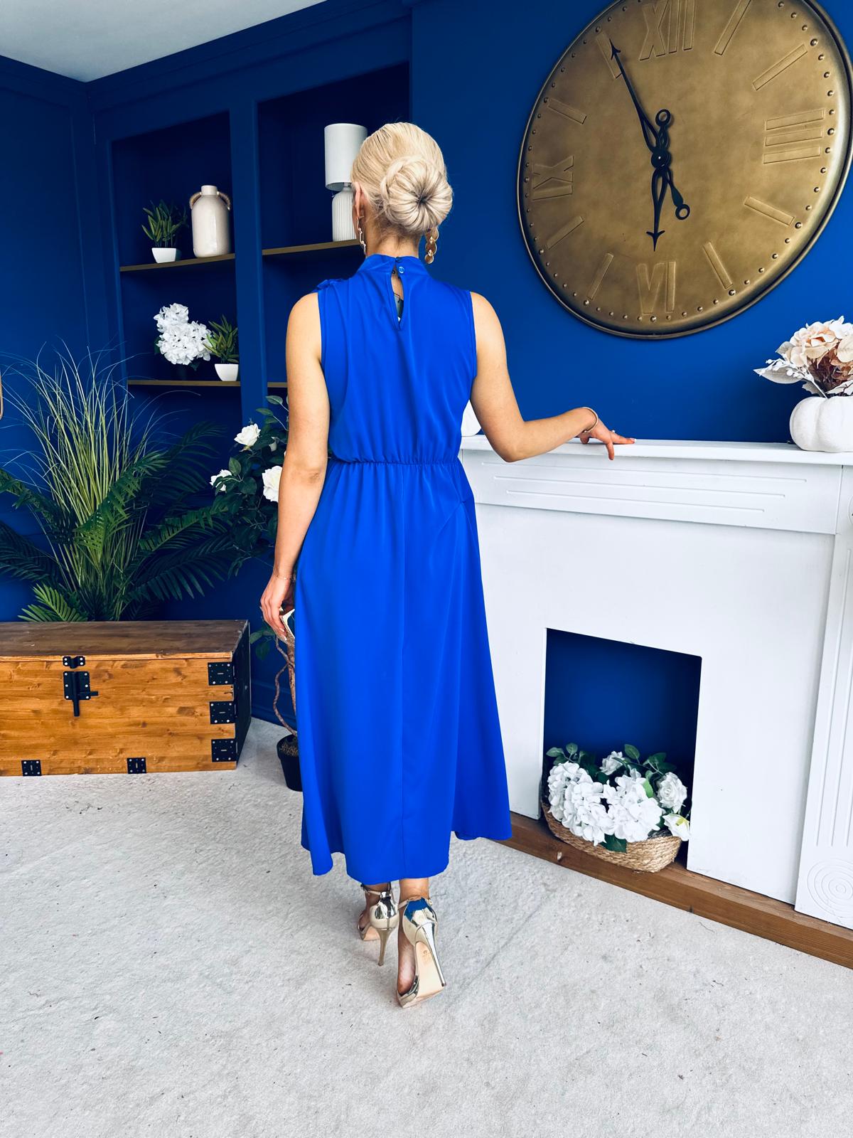 Joanna High Neck Bow Detail Midi Dress Cobalt
