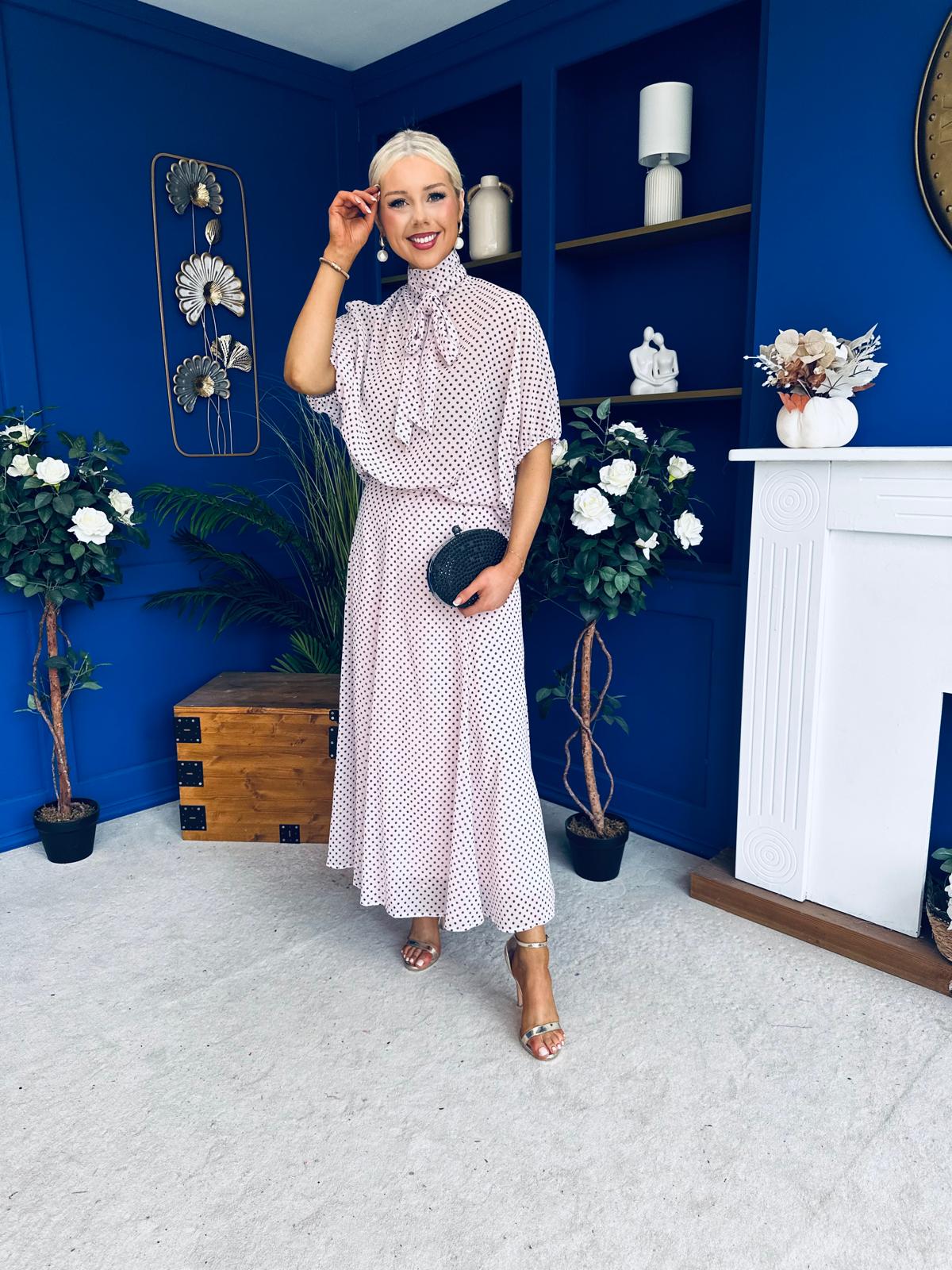 Phoebe Chiffon Detailed Top & Skirt Set Polka Pink