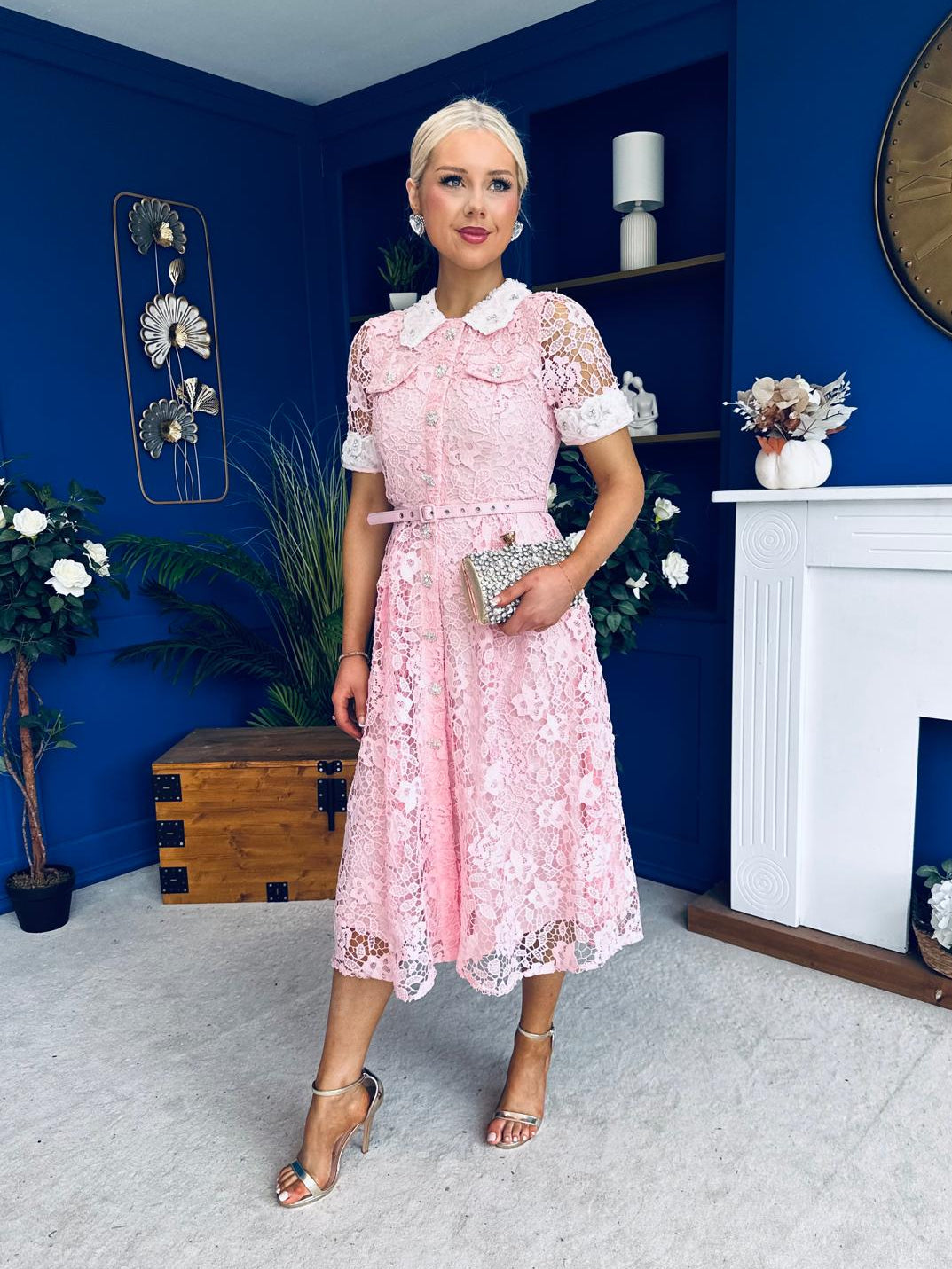 Elaine Crochet Detailed Occasion Midi Dress Pink