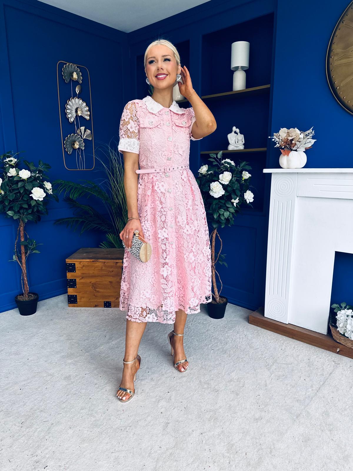 Elaine Crochet Detailed Occasion Midi Dress Pink