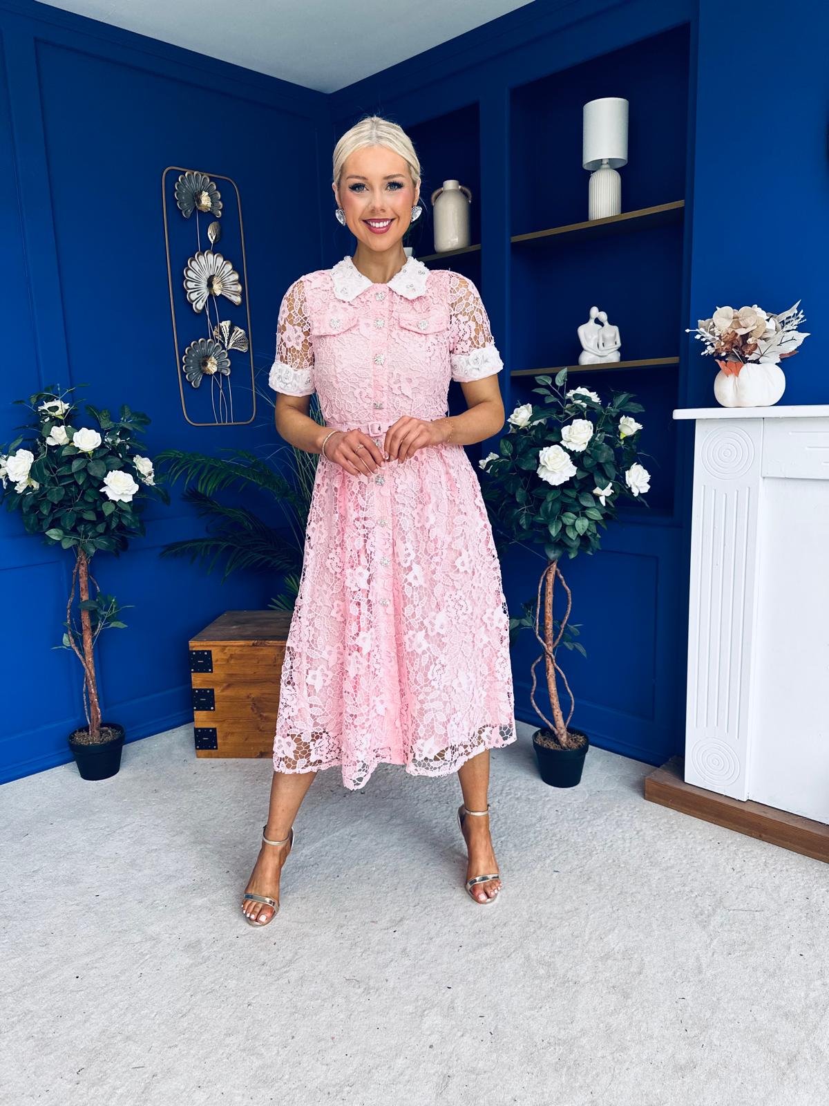 Elaine Crochet Detailed Occasion Midi Dress Pink