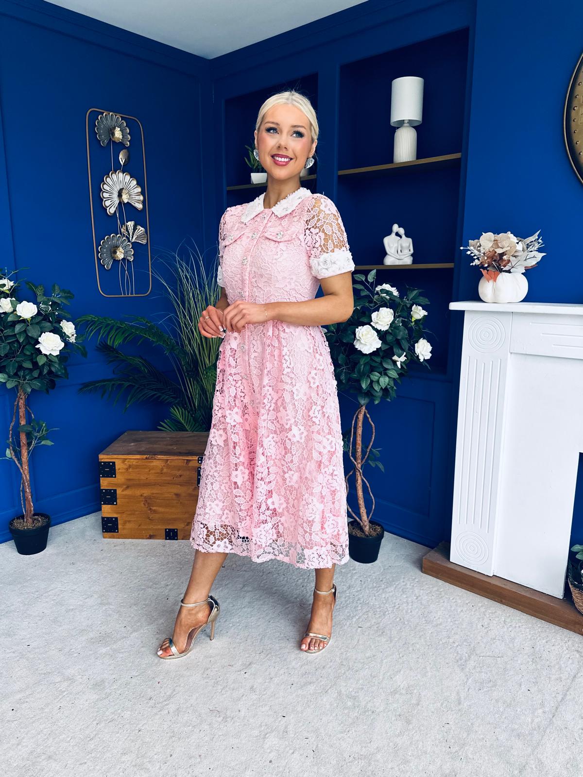 Elaine Crochet Detailed Occasion Midi Dress Pink