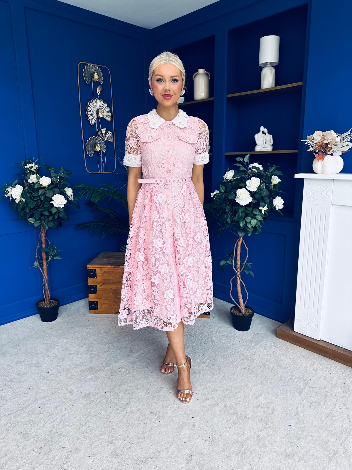Elaine Crochet Detailed Occasion Midi Dress Pink