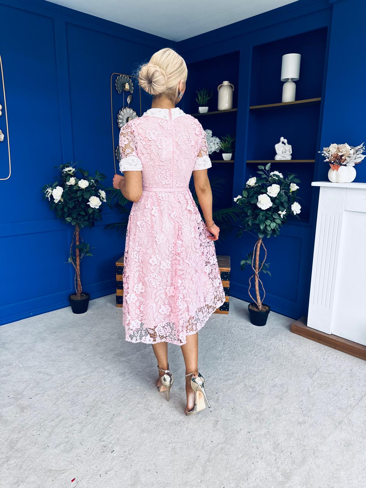 Elaine Crochet Detailed Occasion Midi Dress Pink