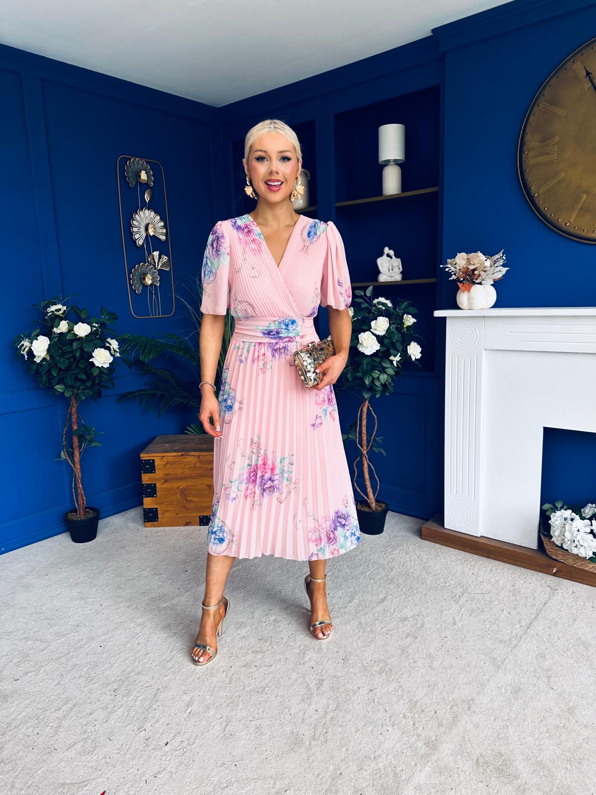 Eina Pleated Midi Dress Floral Pwr Pink