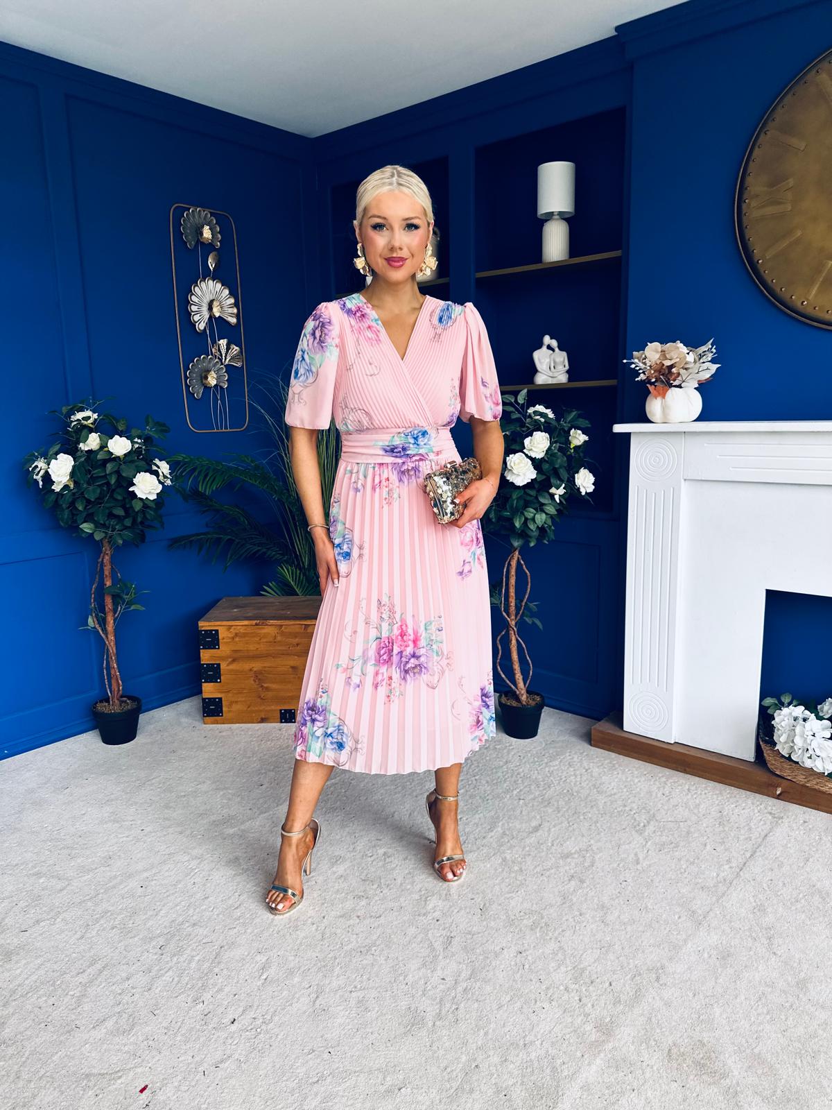 Eina Pleated Midi Dress Floral Pwr Pink