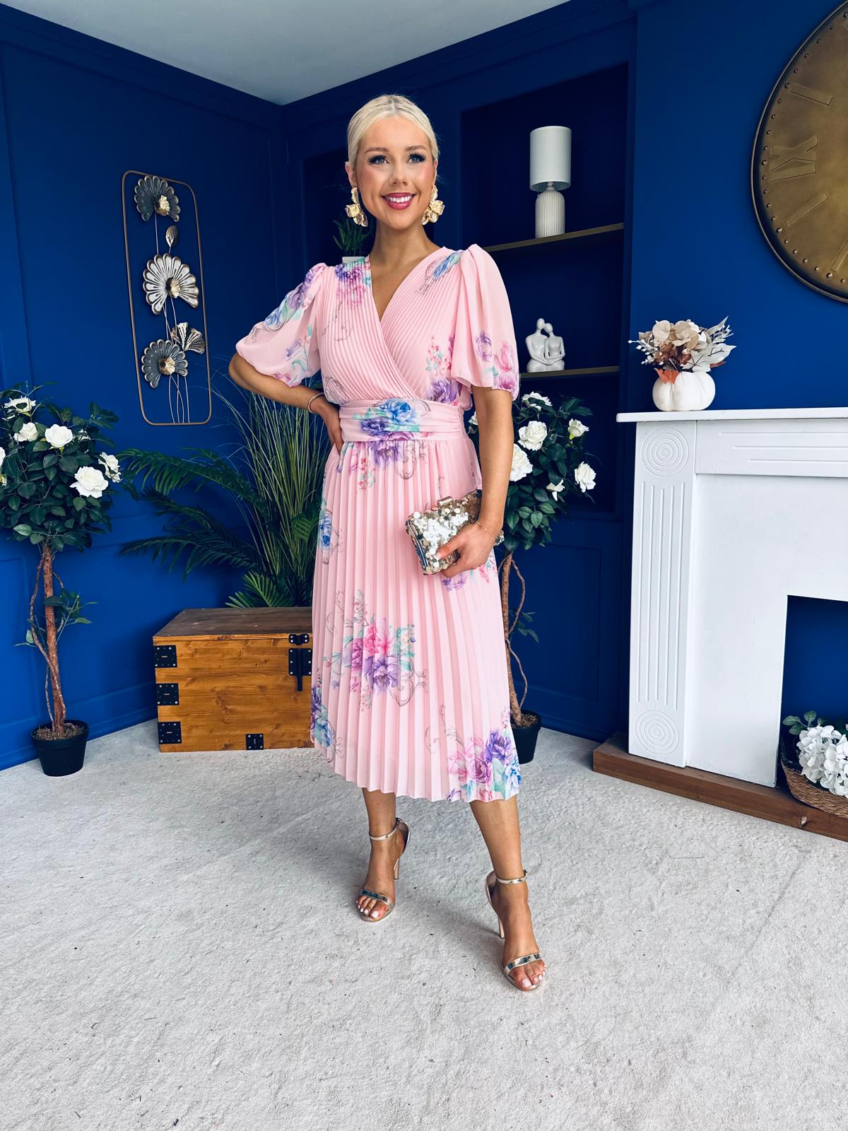 Eina Pleated Midi Dress Floral Pwr Pink