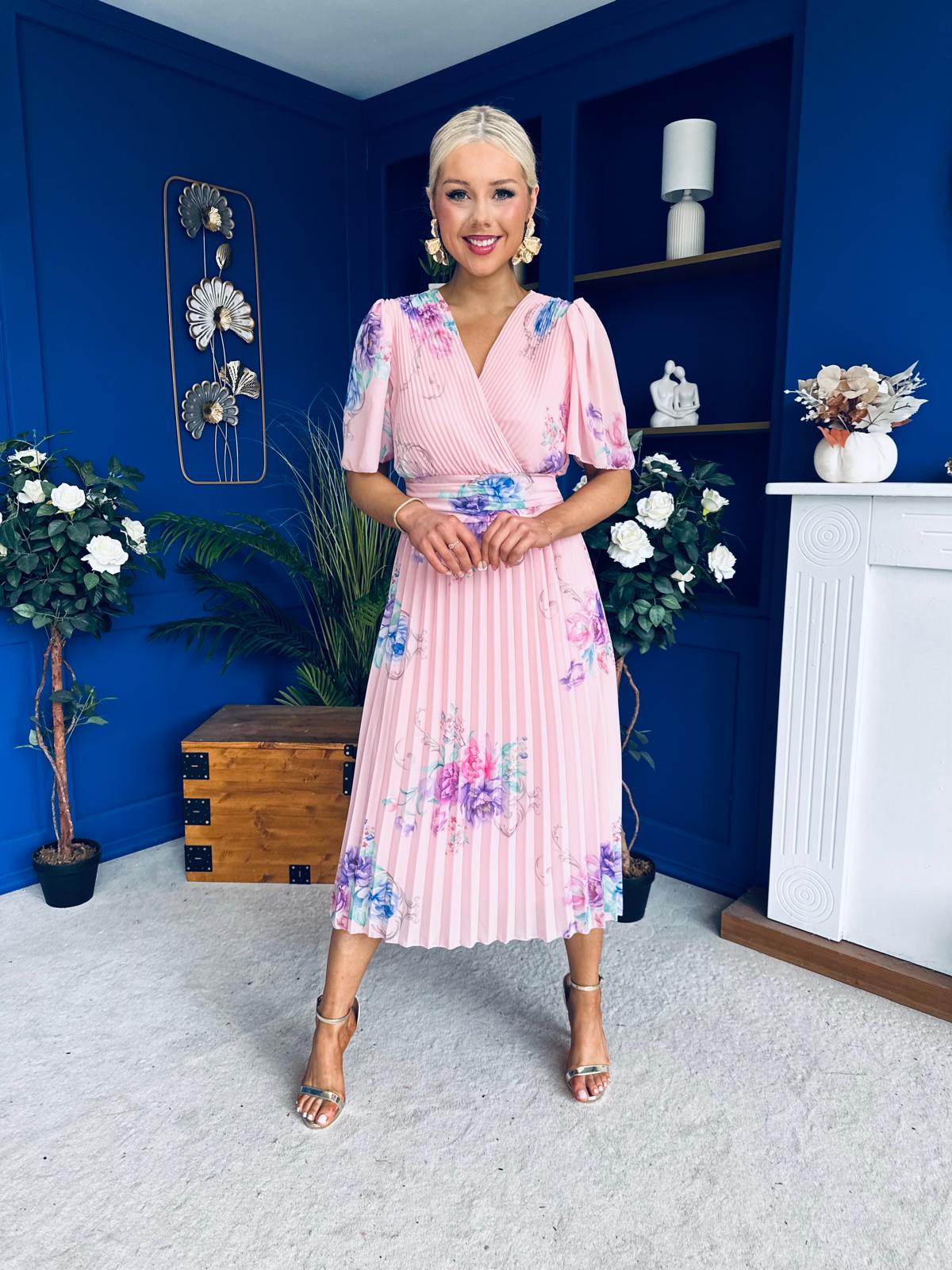 Eina Pleated Midi Dress Floral Pwr Pink