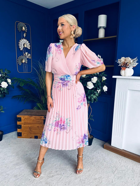 Eina Pleated Midi Dress Floral Pwr Pink
