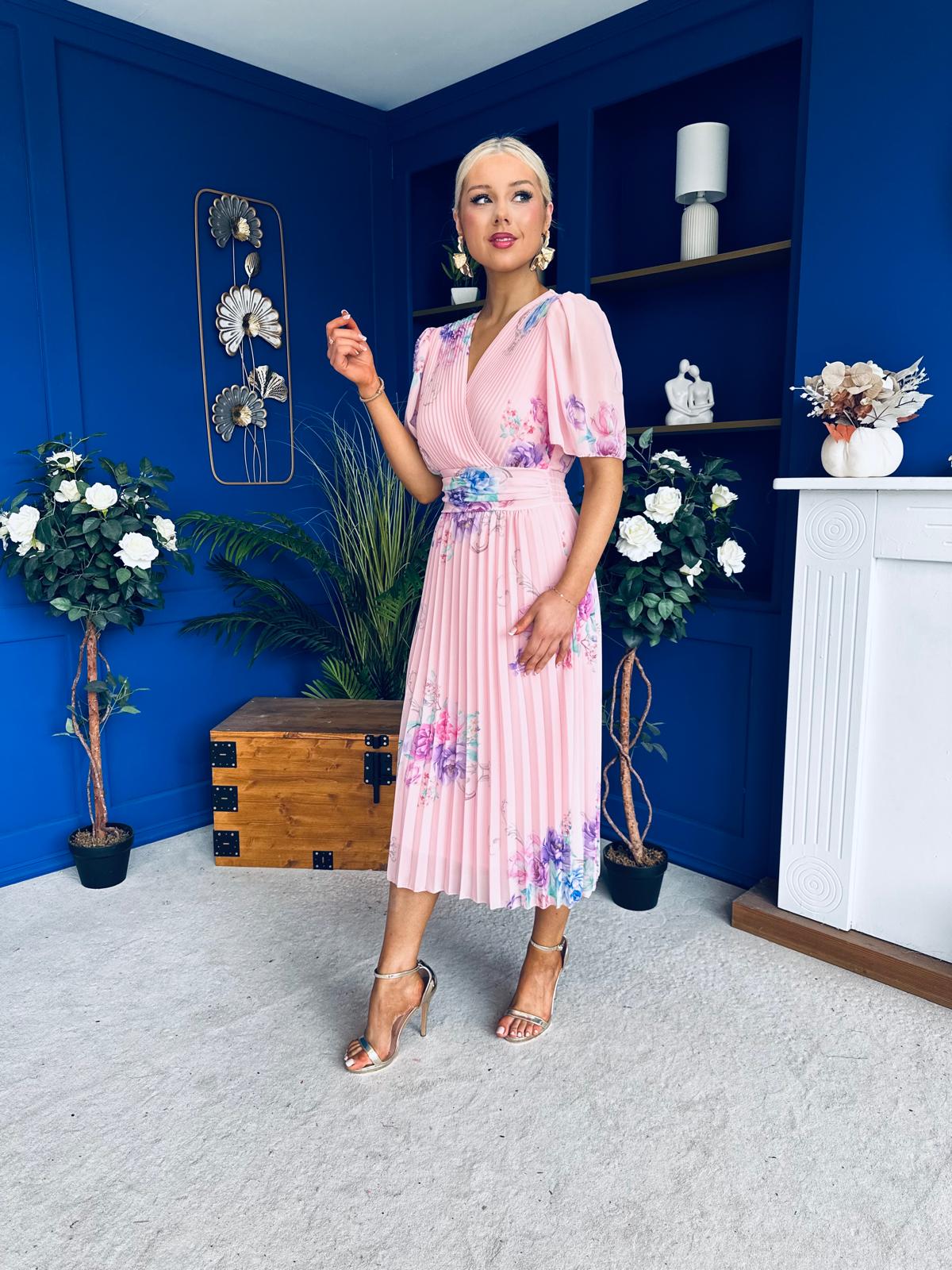 Eina Pleated Midi Dress Floral Pwr Pink