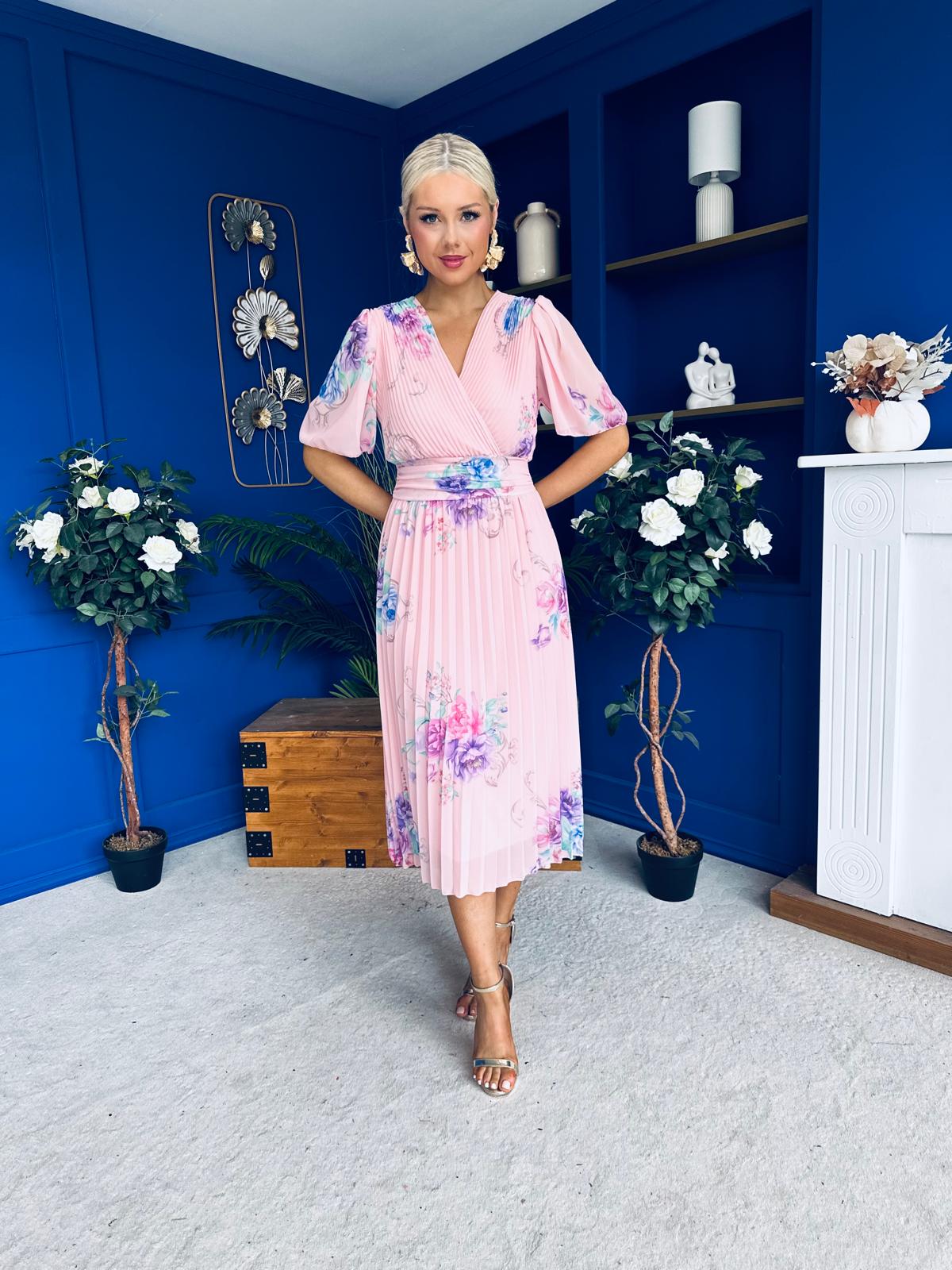 Eina Pleated Midi Dress Floral Pwr Pink