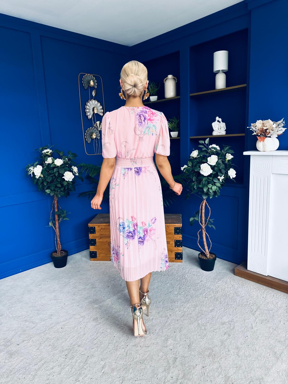 Eina Pleated Midi Dress Floral Pwr Pink