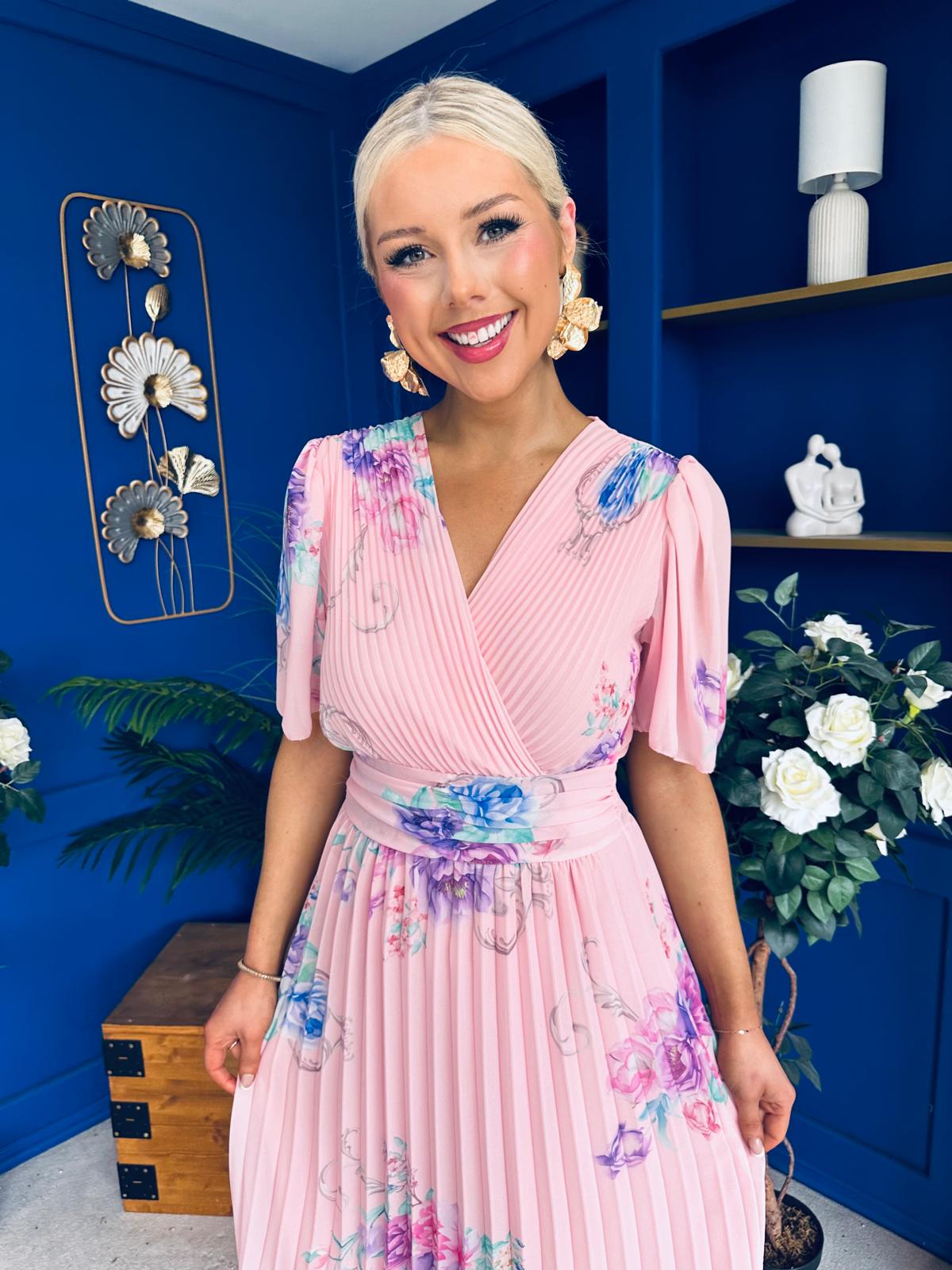 Eina Pleated Midi Dress Floral Pwr Pink
