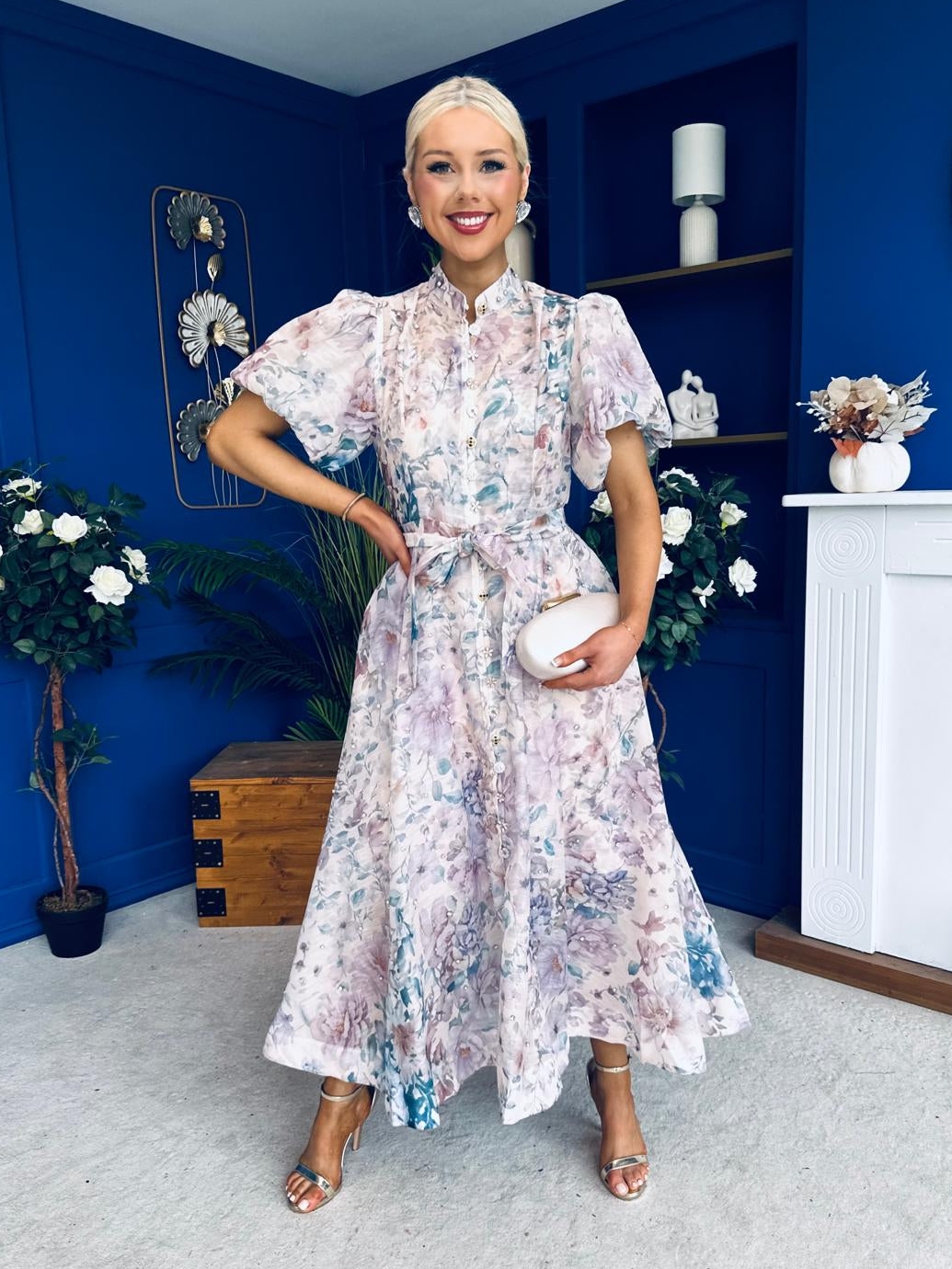 Sarah Puff Sleeve Embellished Shirt Dress Floral