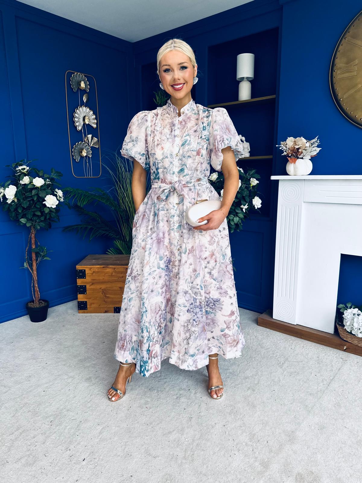 Sarah Puff Sleeve Embellished Shirt Dress Floral