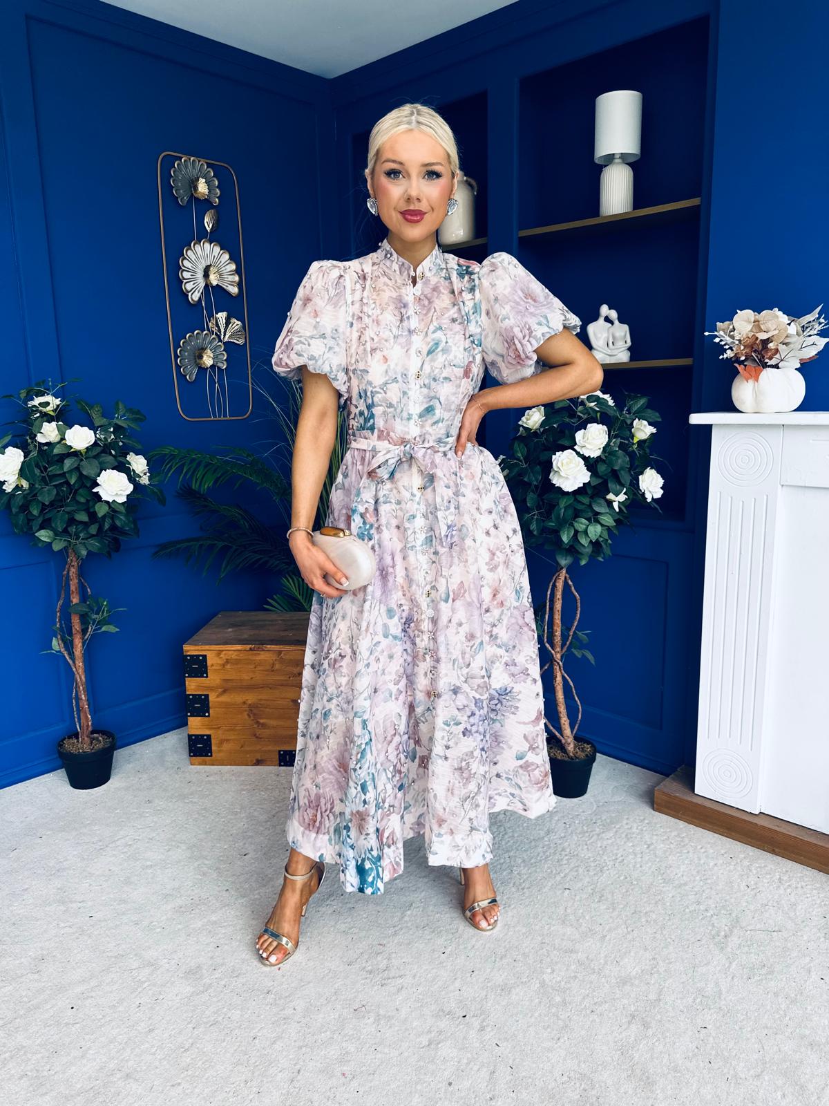 Sarah Puff Sleeve Embellished Shirt Dress Floral