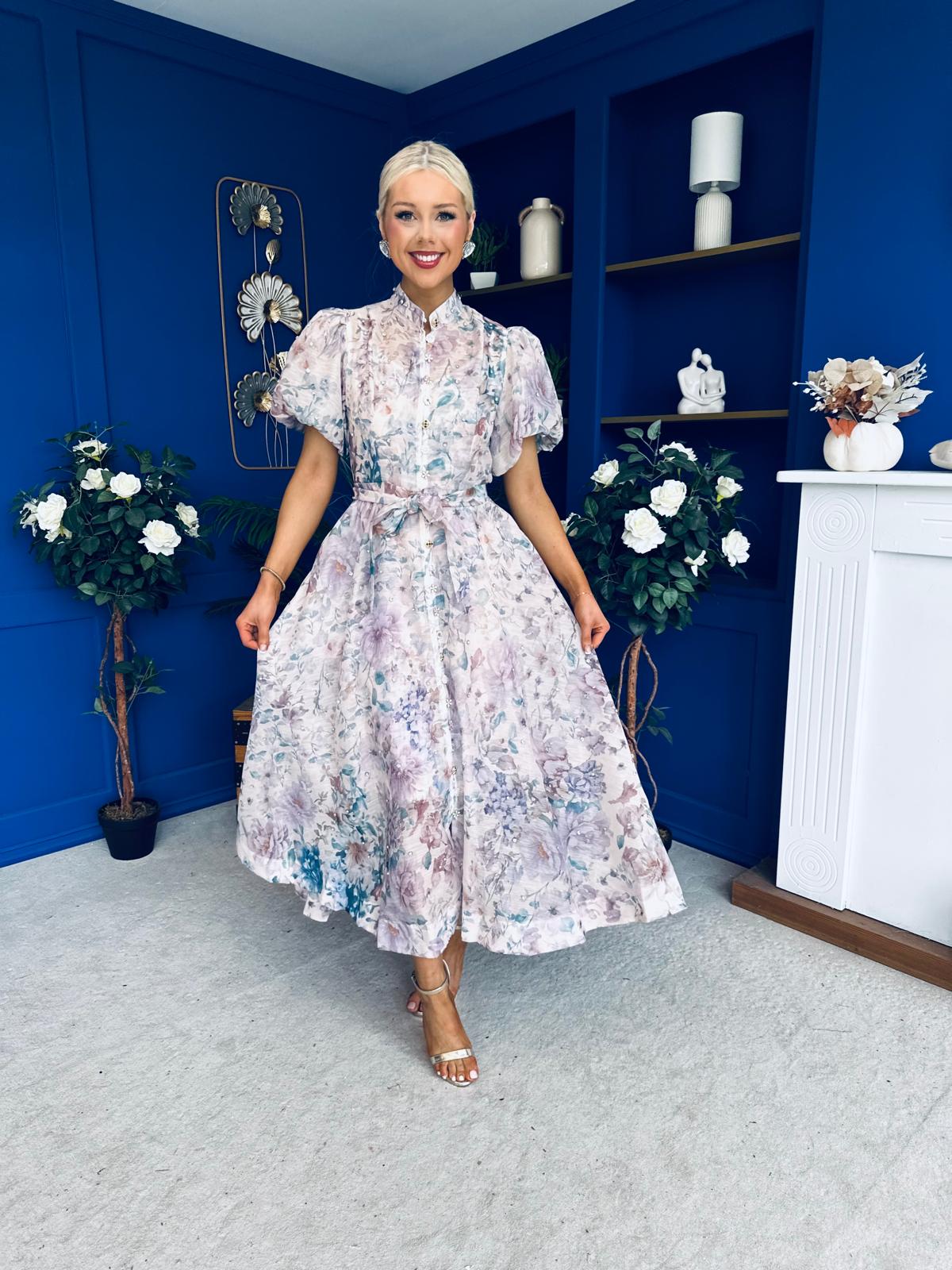 Sarah Puff Sleeve Embellished Shirt Dress Floral