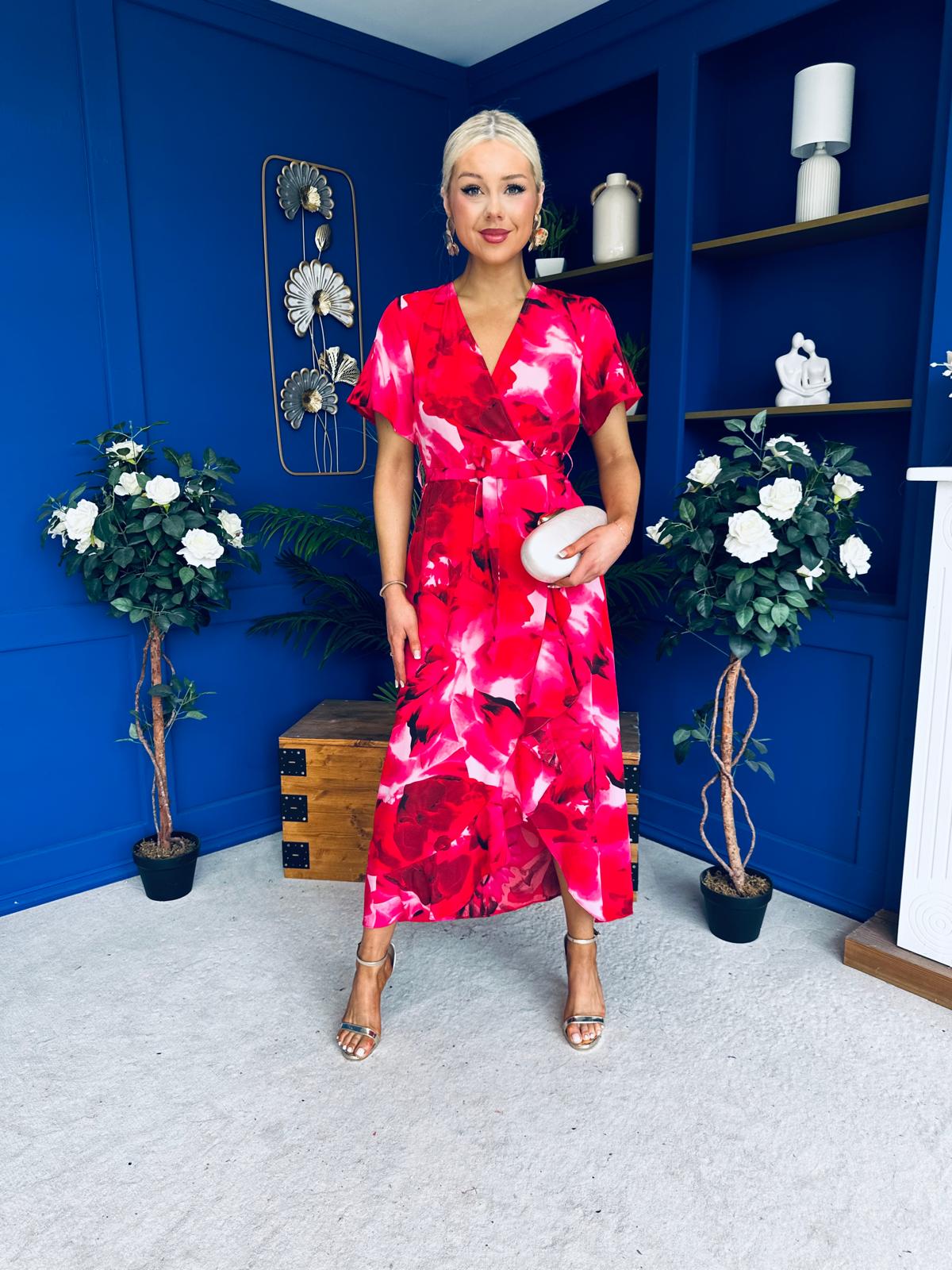 Farrah Floral Frill Detail Midi Dress Ruby Pink
