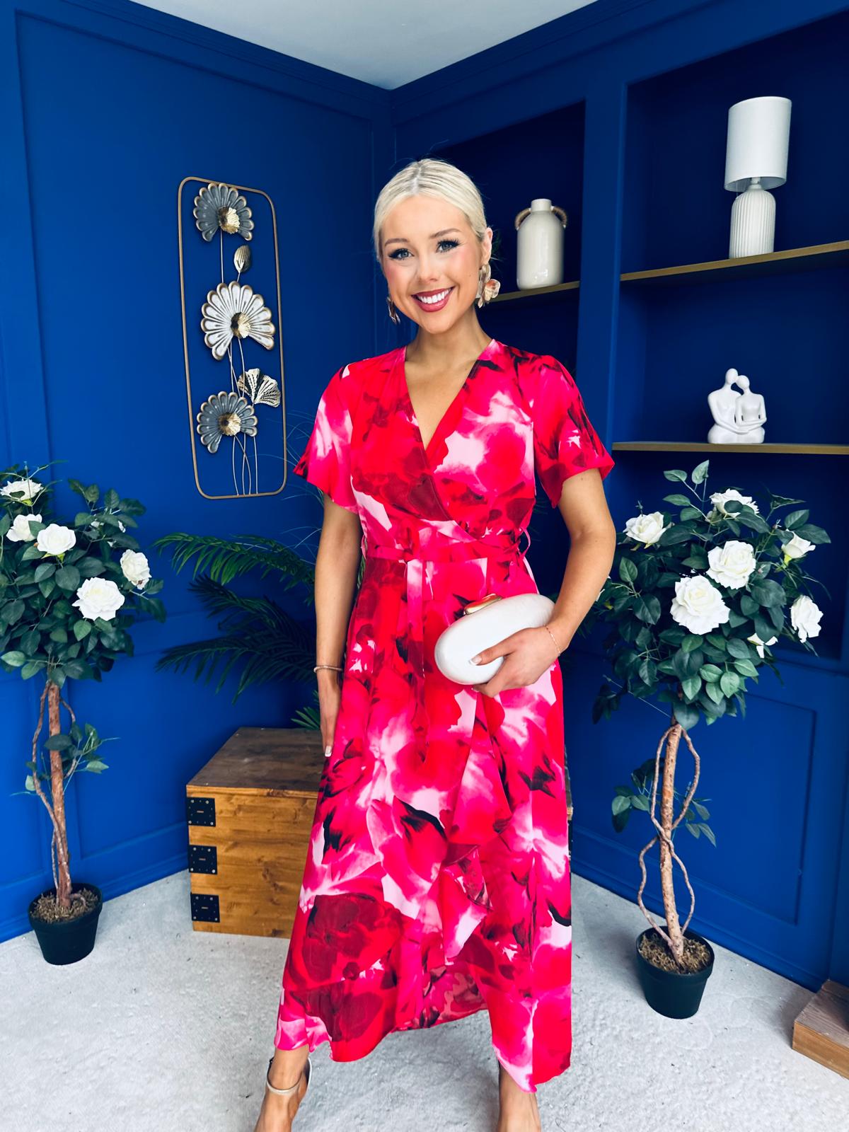 Farrah Floral Frill Detail Midi Dress Ruby Pink