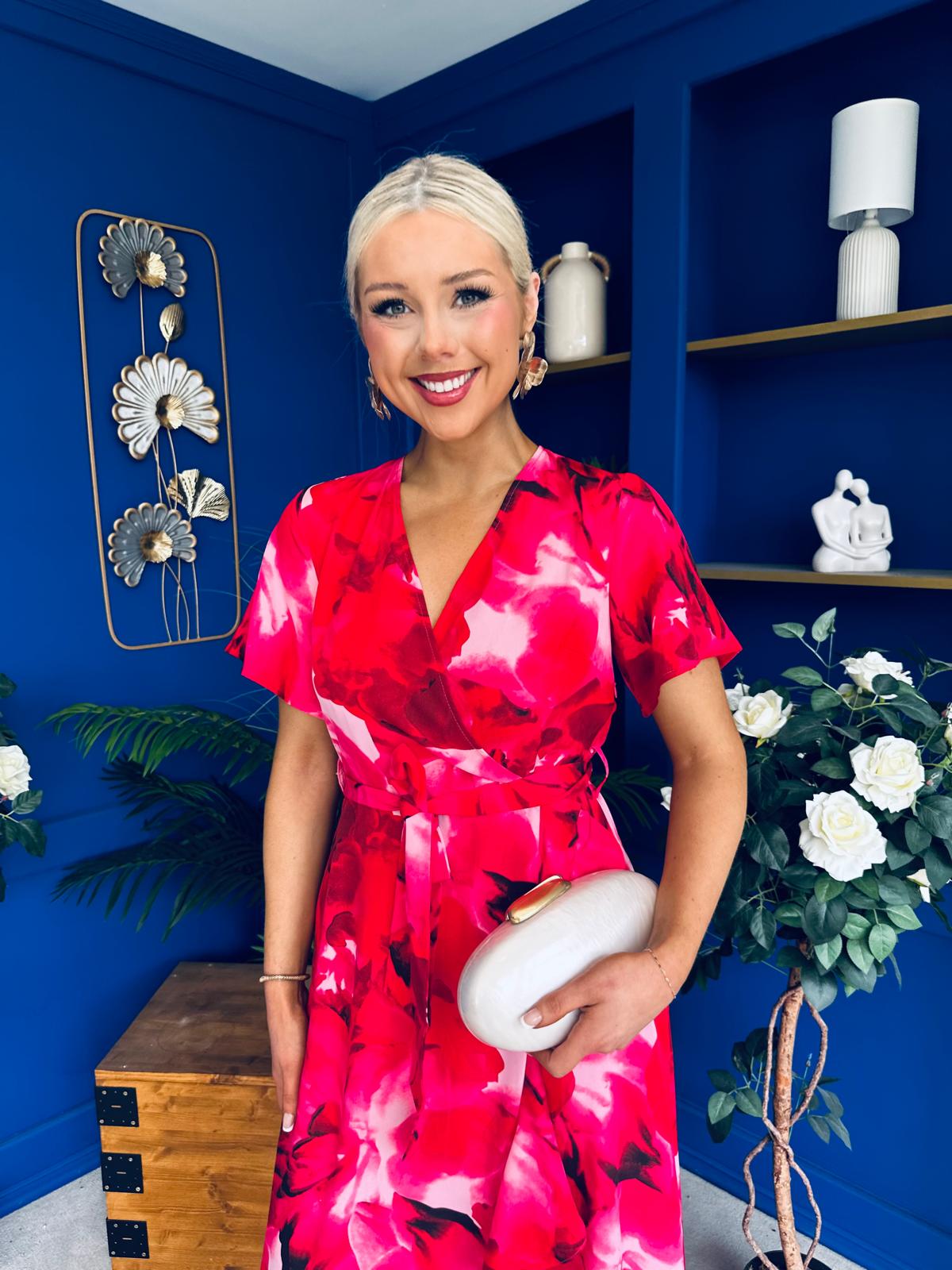 Farrah Floral Frill Detail Midi Dress Ruby Pink